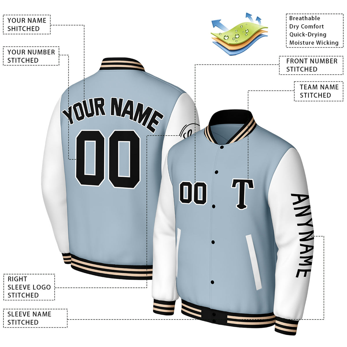 Custom Light Blue & White Varsity Baseball Jacket | Personalized Letterman Baseball Bomber for Adult & Youth