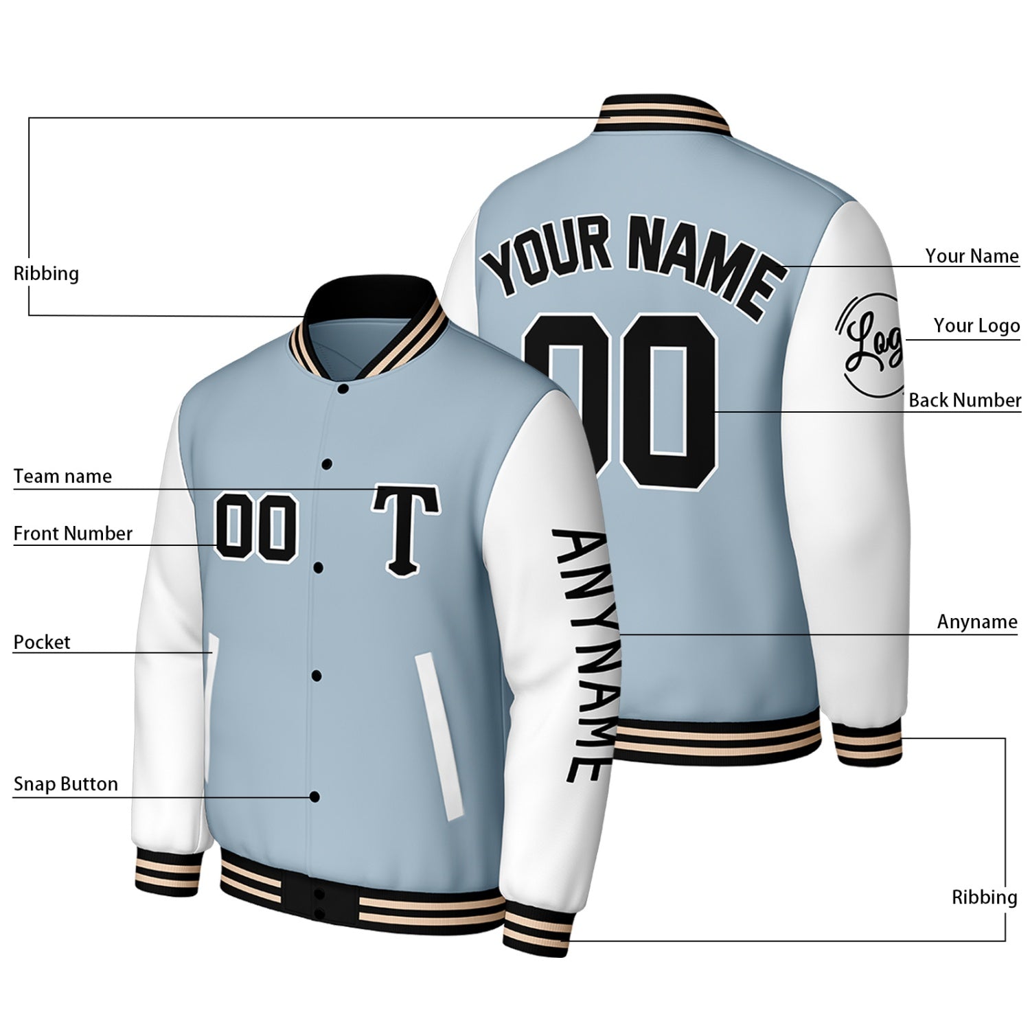 Custom Light Blue & White Varsity Baseball Jacket | Personalized Letterman Baseball Bomber for Adult & Youth