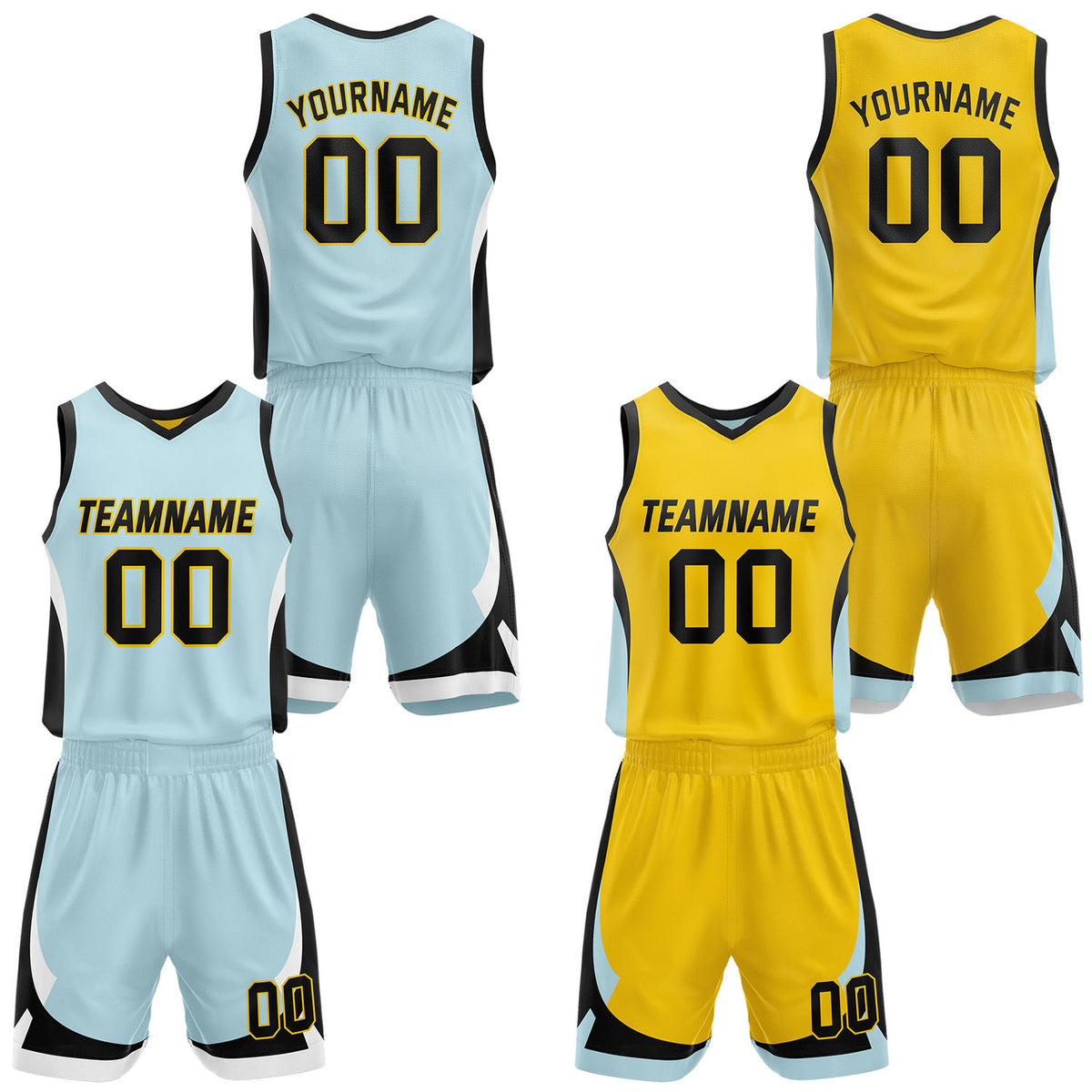 Custom light blue &amp; yellow reversible basketball jersey set with shorts by Vosoli | Personalized team name, number &amp; logo | Breathable mesh sport jersey uniform