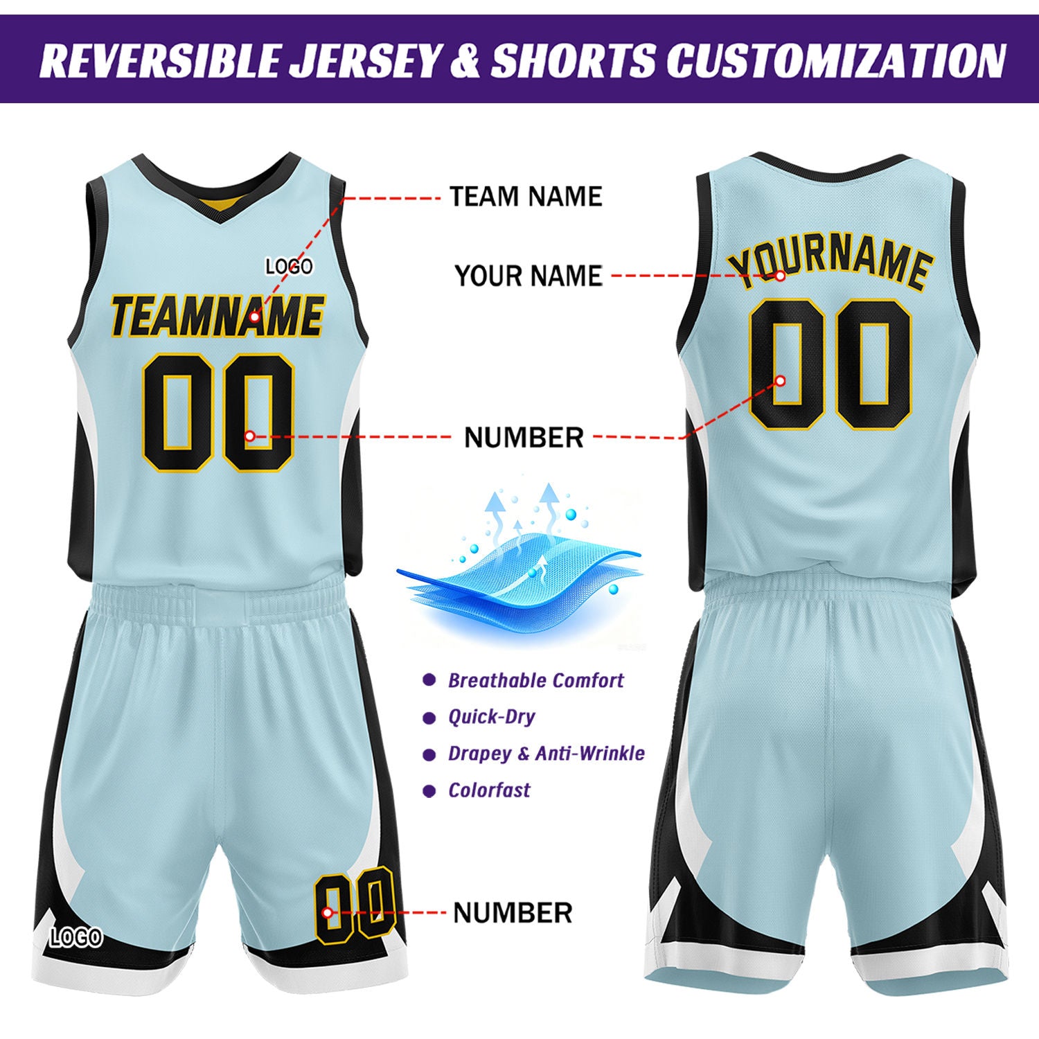 Custom Light Blue Yellow Reversible Basketball Jersey Set | Personalized Name Number Mesh Sports Uniform