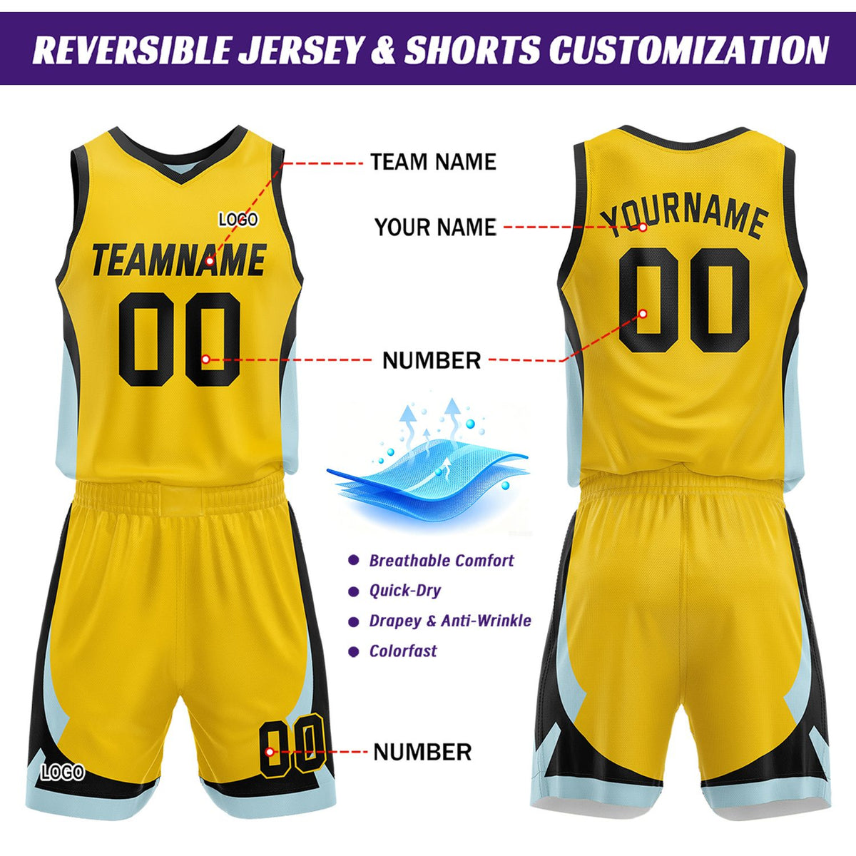 Custom Light Blue Yellow Reversible Basketball Jersey Set | Personalized Name Number Mesh Sports Uniform