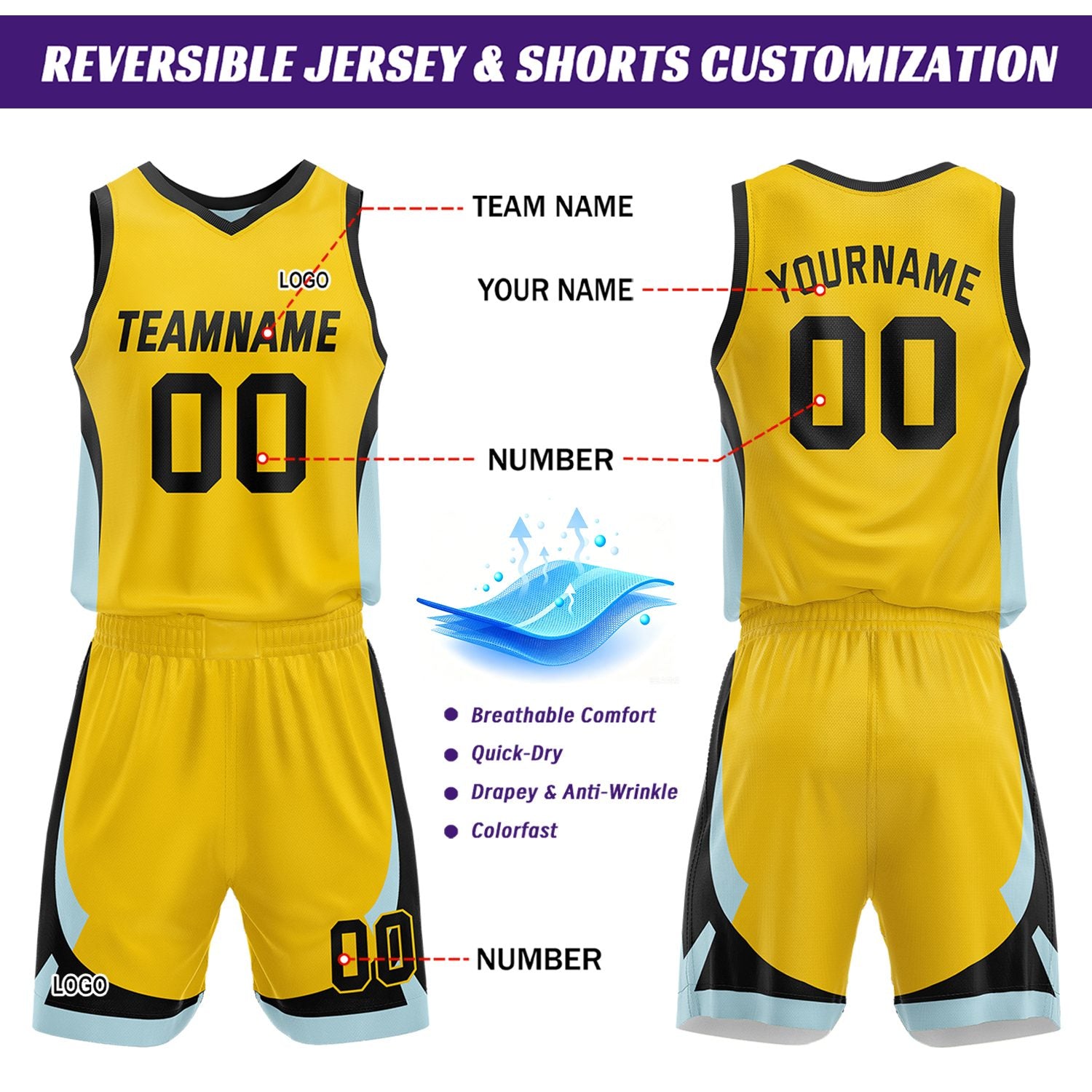 Custom Light Blue Yellow Reversible Basketball Jersey Set | Personalized Name Number Mesh Sports Uniform