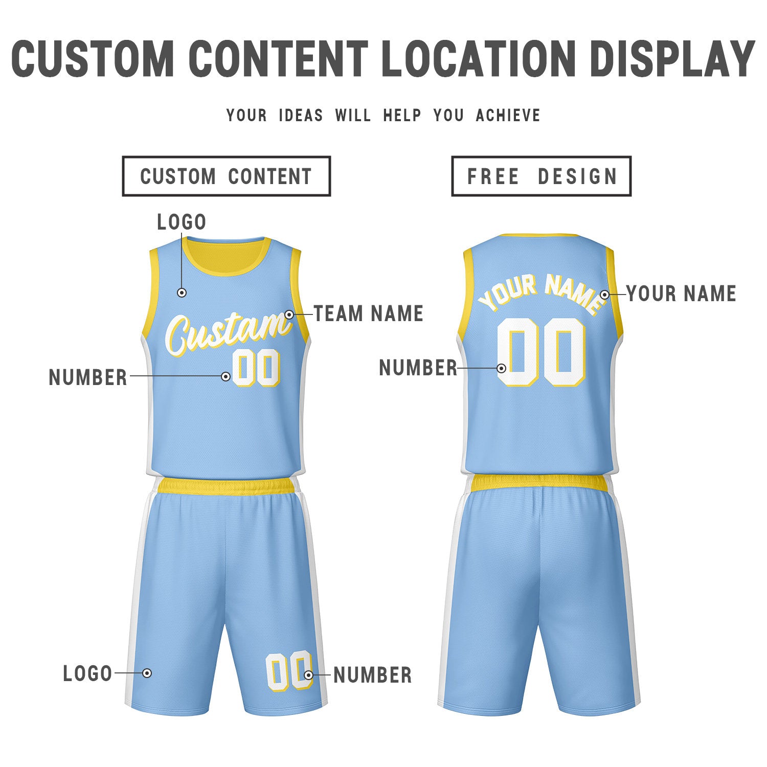 Custom Light Blue Yellow Reversible Basketball Jersey Set | Personalized Name Number Mesh Sports Uniform