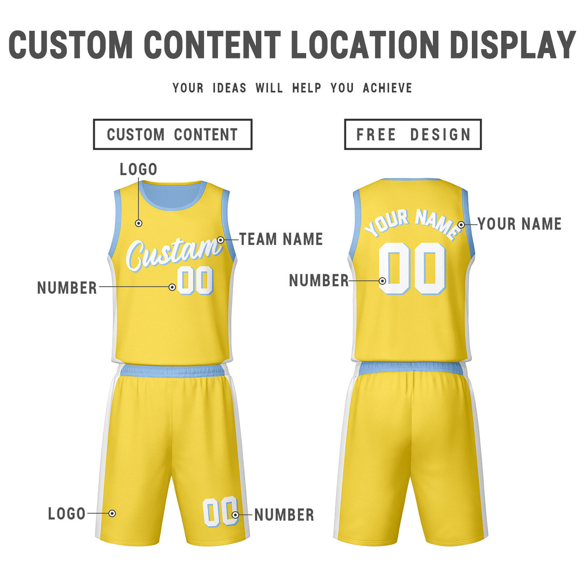 Custom Light Blue Yellow Reversible Basketball Jersey Set | Personalized Name Number Mesh Sports Uniform