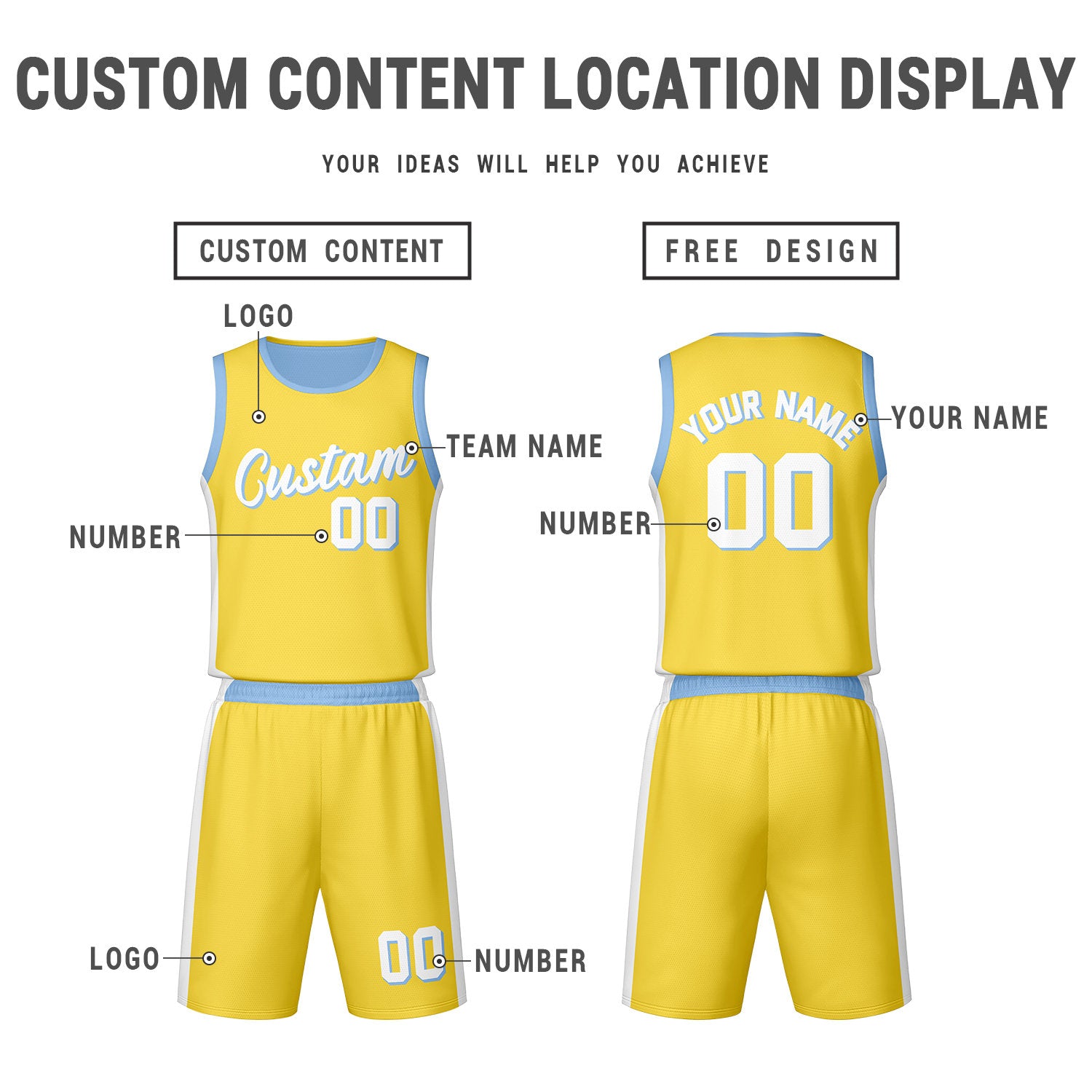 Custom Light Blue Yellow Reversible Basketball Jersey Set | Personalized Name Number Mesh Sports Uniform