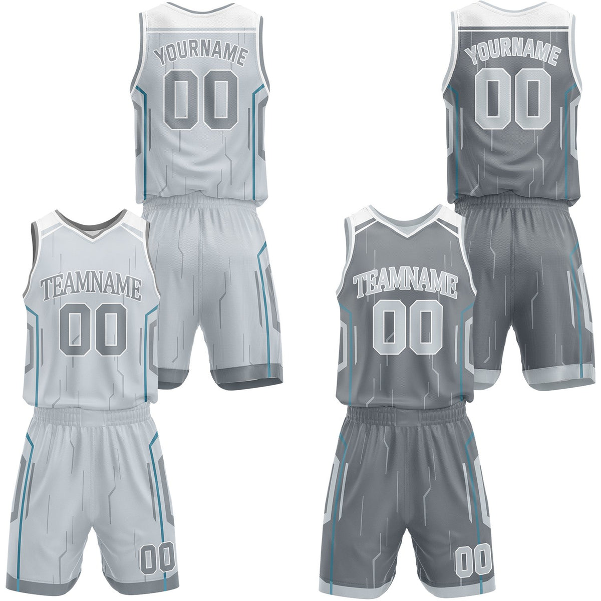 Custom light gray &amp; gray reversible basketball jersey shorts set by Vosoli | Personalized block team name number tech geometric uniform sportswear