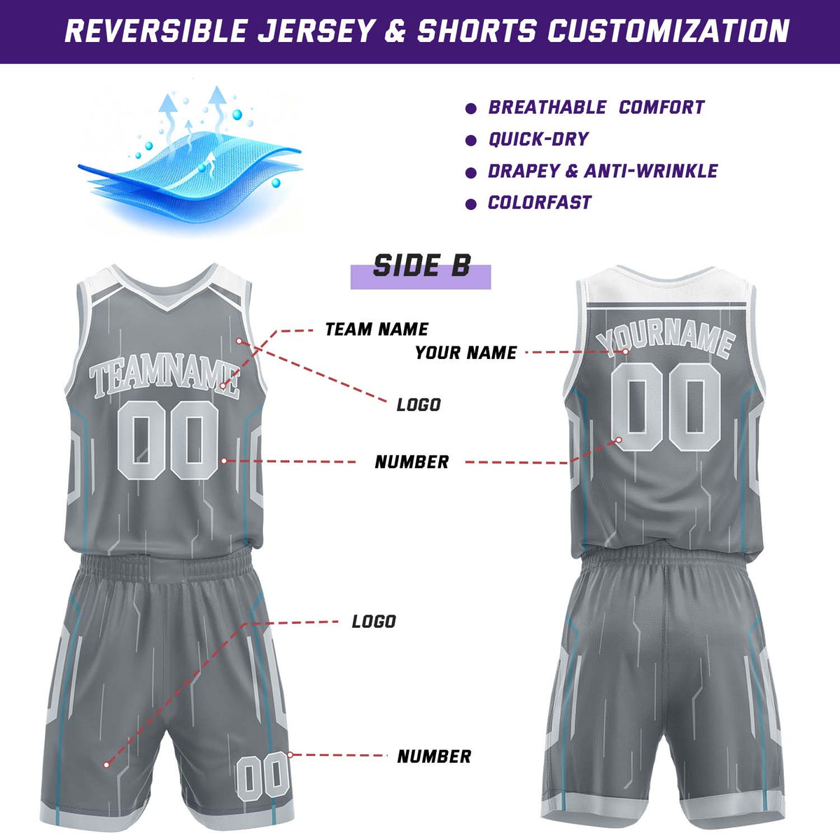 Custom Light Gray & Gray Reversible Geometric Basketball Jersey Shorts Set | Personalized Team Uniform