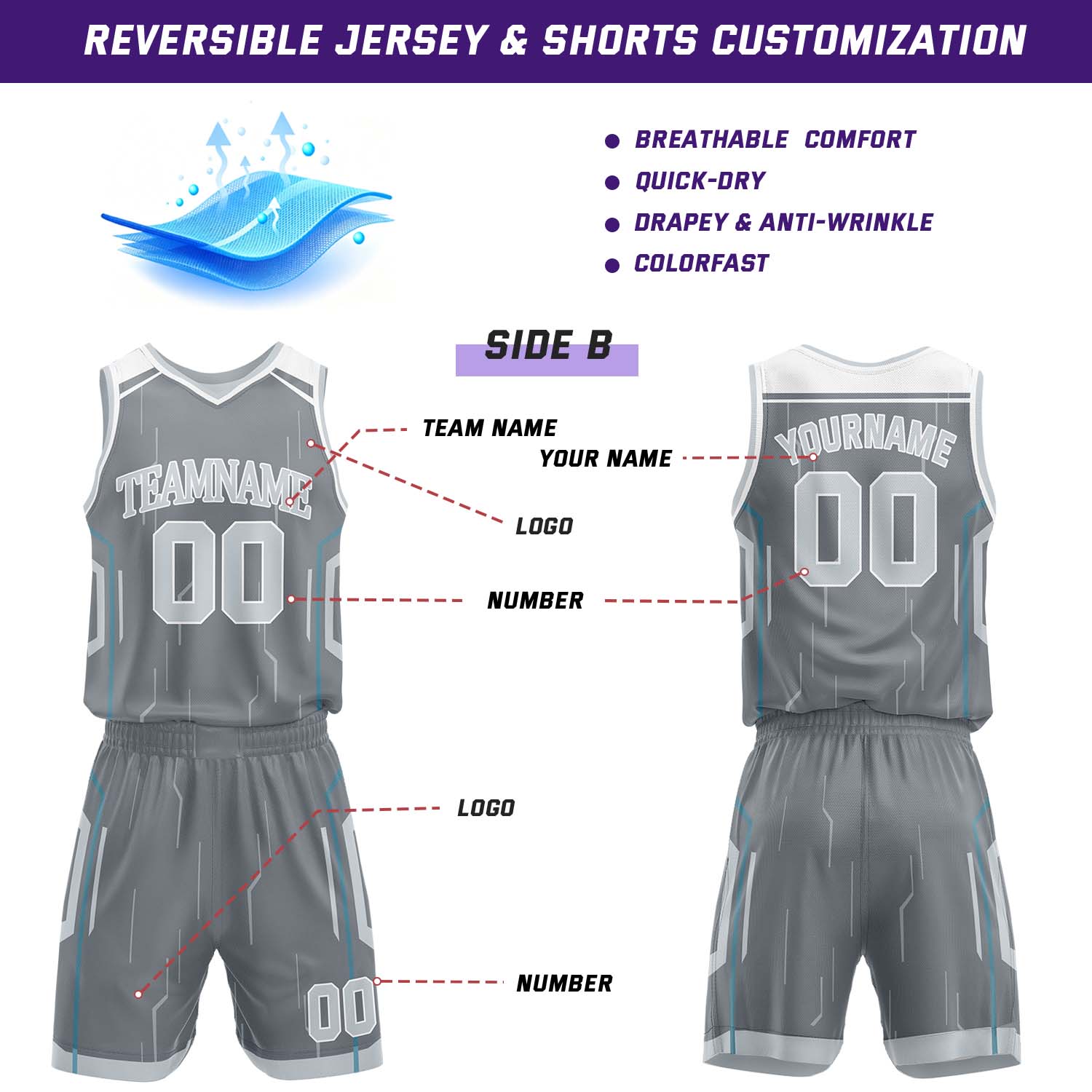 Custom Light Gray & Gray Reversible Geometric Basketball Jersey Shorts Set | Personalized Team Uniform