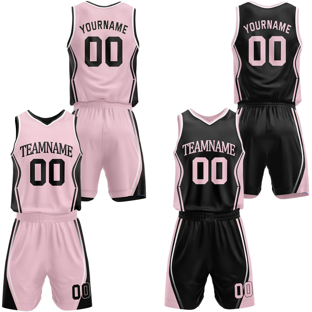 Custom light pink &amp; black reversible basketball jersey shorts set by Vosoli | Personalized block team name number geometric uniform sportswear