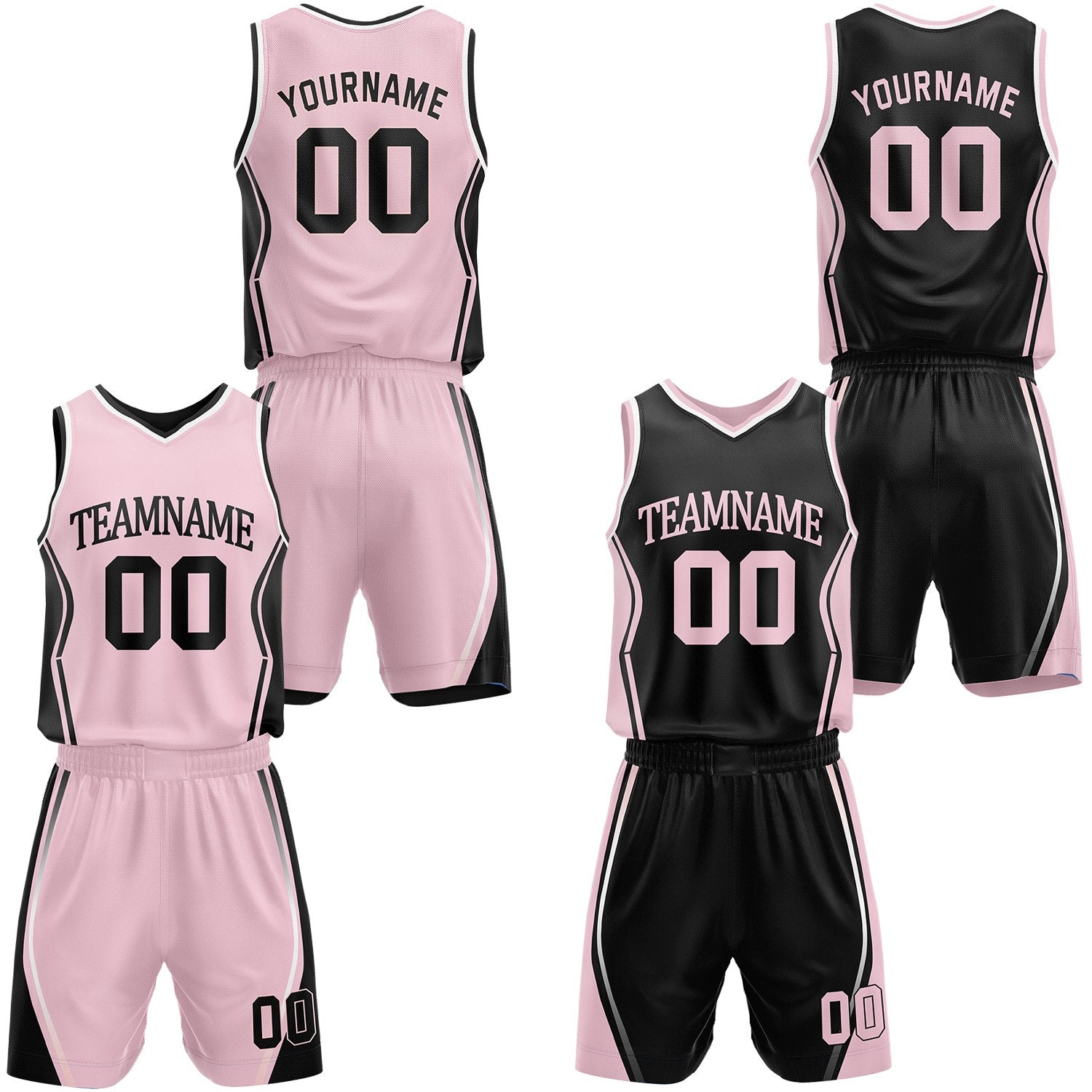 Custom light pink & black reversible basketball jersey shorts set by Vosoli | Personalized block team name number geometric uniform sportswear
