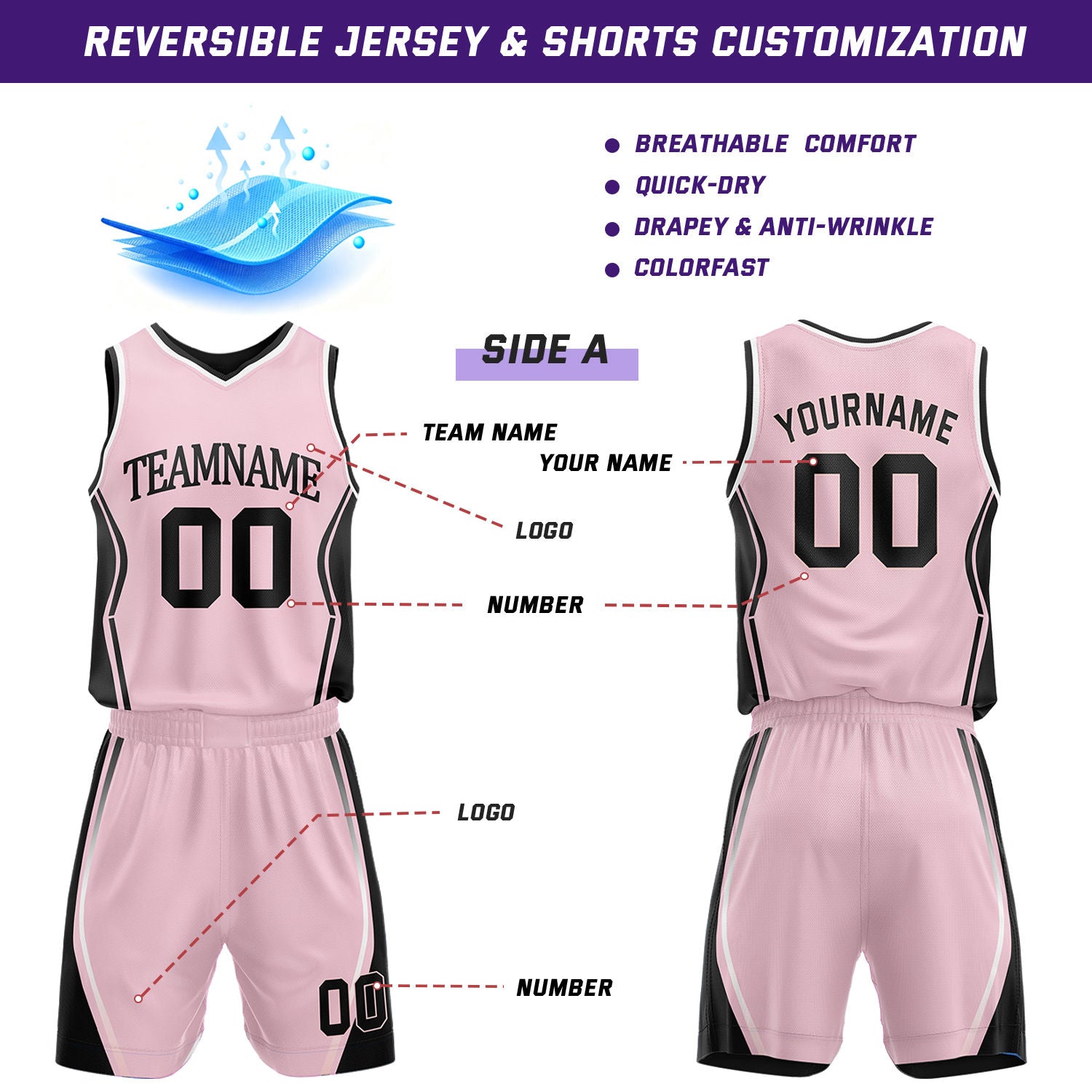 Custom Light Pink & Black Reversible Geometric Basketball Jersey Shorts Set | Personalized Team Uniform
