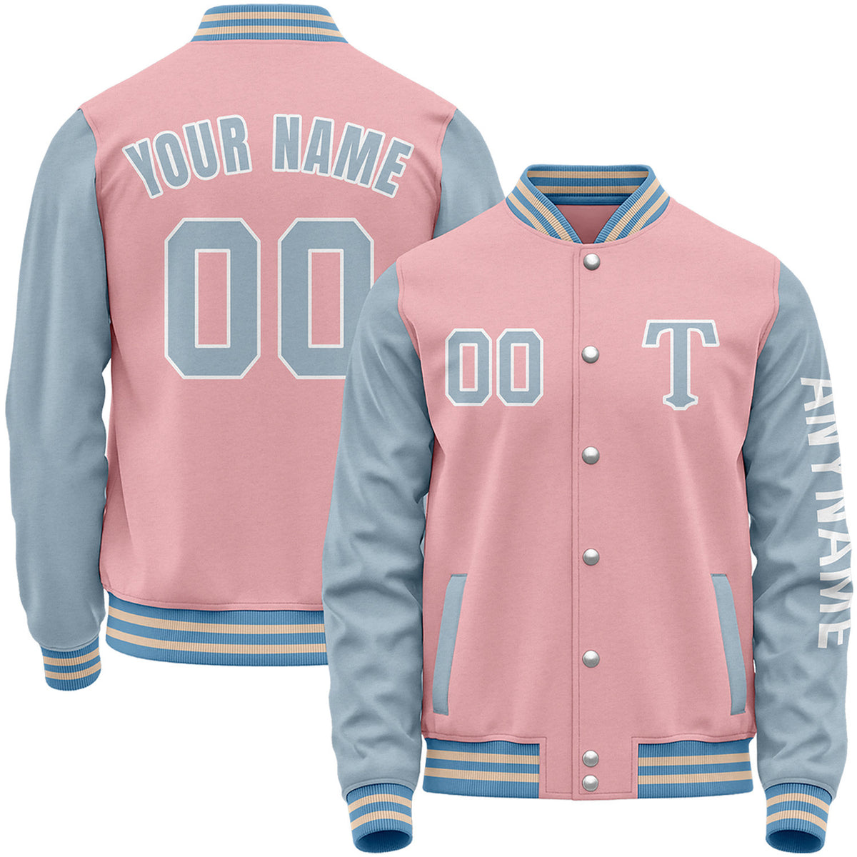 Custom light pink and dusty blue baseball jacket for girls by Vosoli with stitched name, number and logo. Classic varsity jacket for baseball and casual wear.