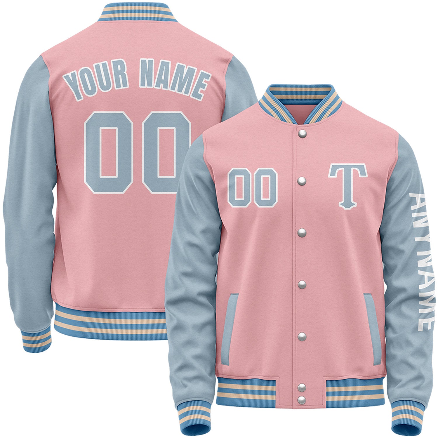 Custom light pink and dusty blue baseball jacket for girls by Vosoli with stitched name, number and logo. Classic varsity jacket for baseball and casual wear.