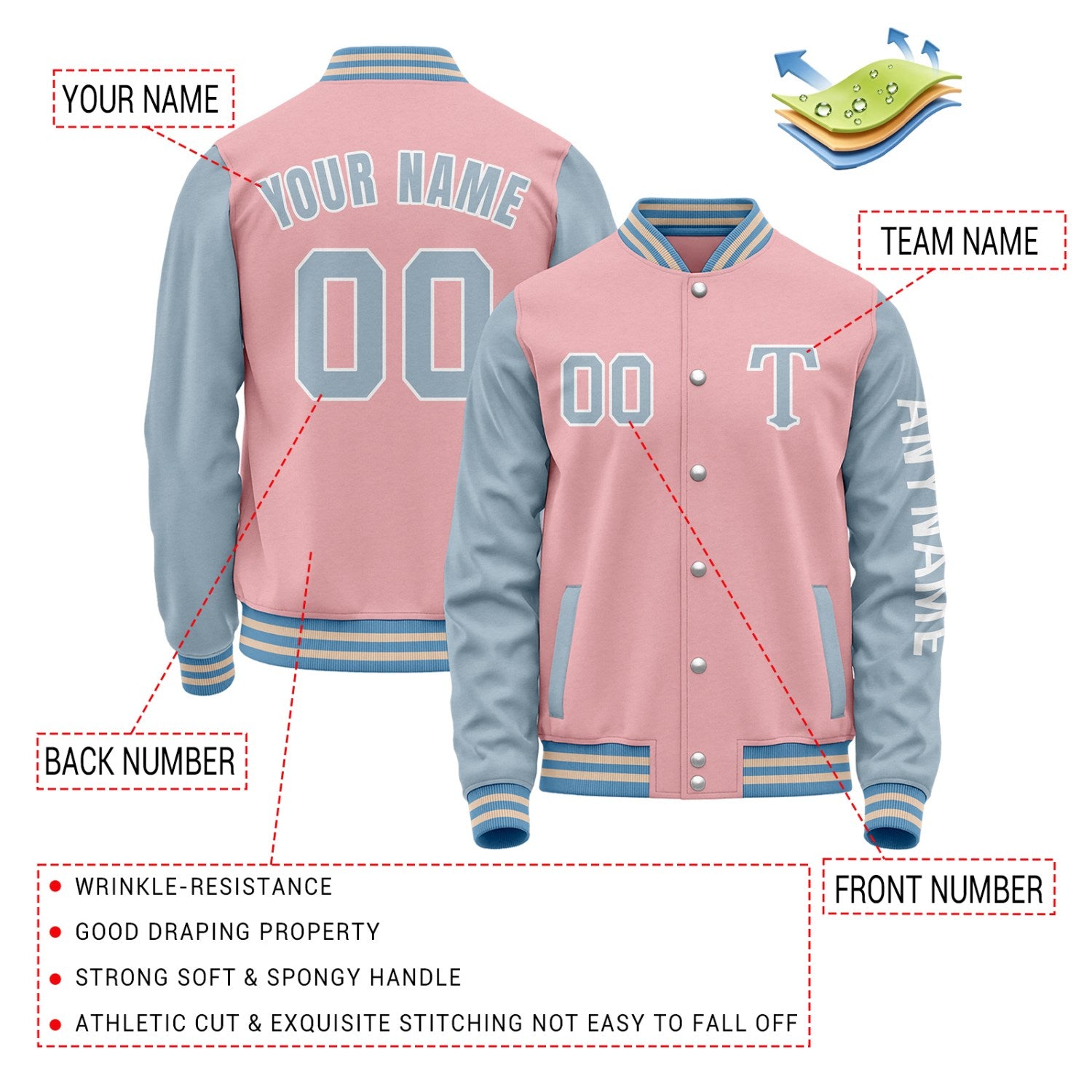Custom Light Pink & Dusty Blue Varsity Letterman Jacket | Personalized Baseball Bomber Coat for Adult & Youth