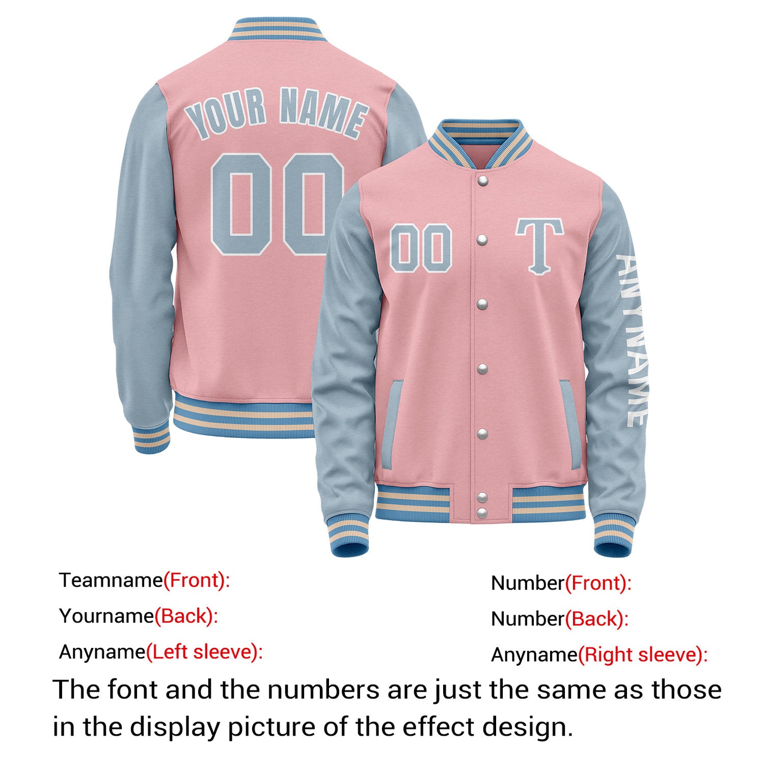Custom Light Pink & Dusty Blue Varsity Letterman Jacket | Personalized Baseball Bomber Coat for Adult & Youth