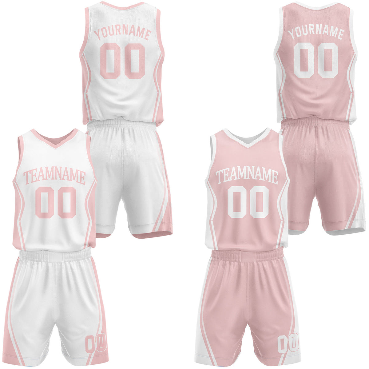 Custom light pink &amp; white reversible basketball jersey shorts set by Vosoli | Personalized block team name number geometric uniform sportswea