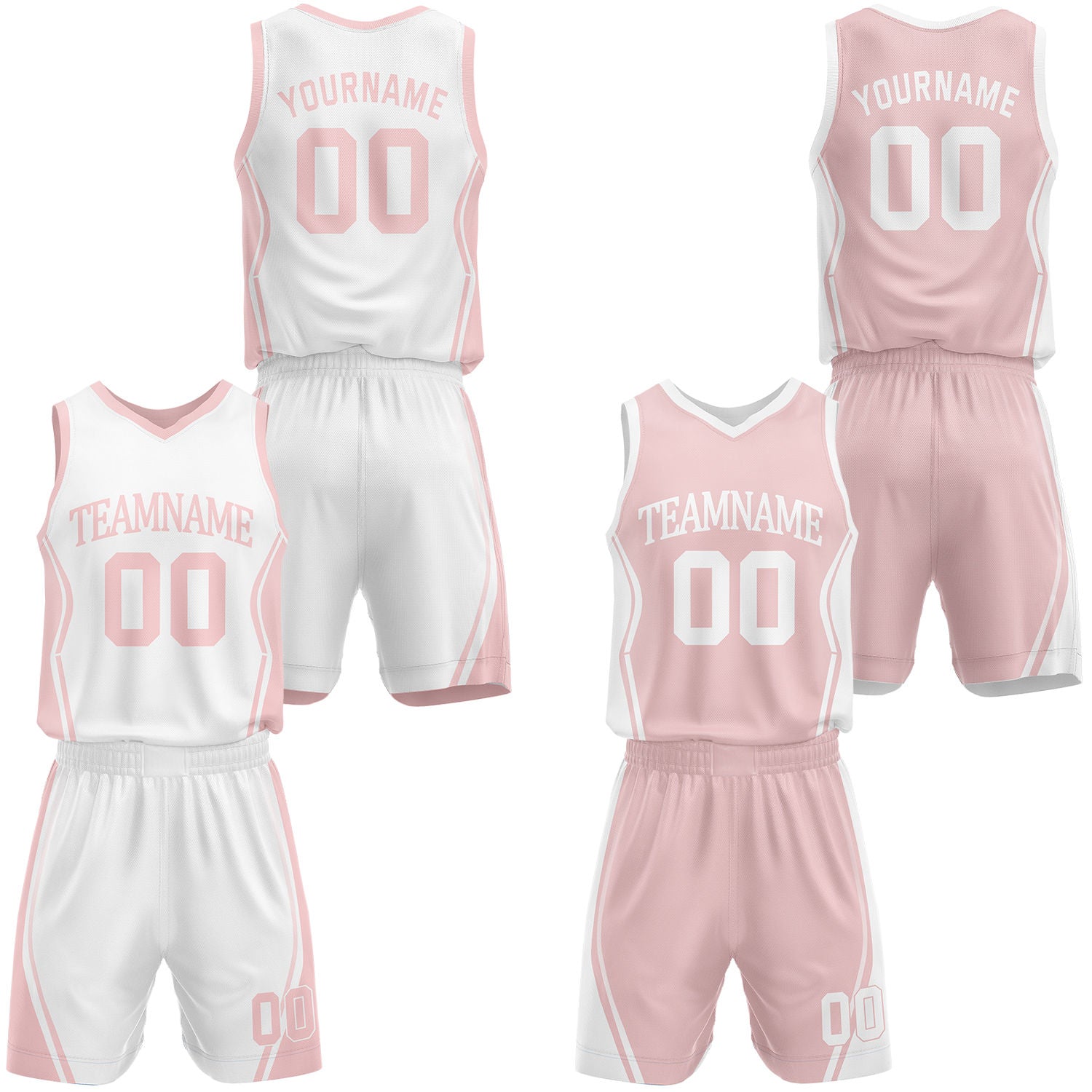 Custom light pink & white reversible basketball jersey shorts set by Vosoli | Personalized block team name number geometric uniform sportswea