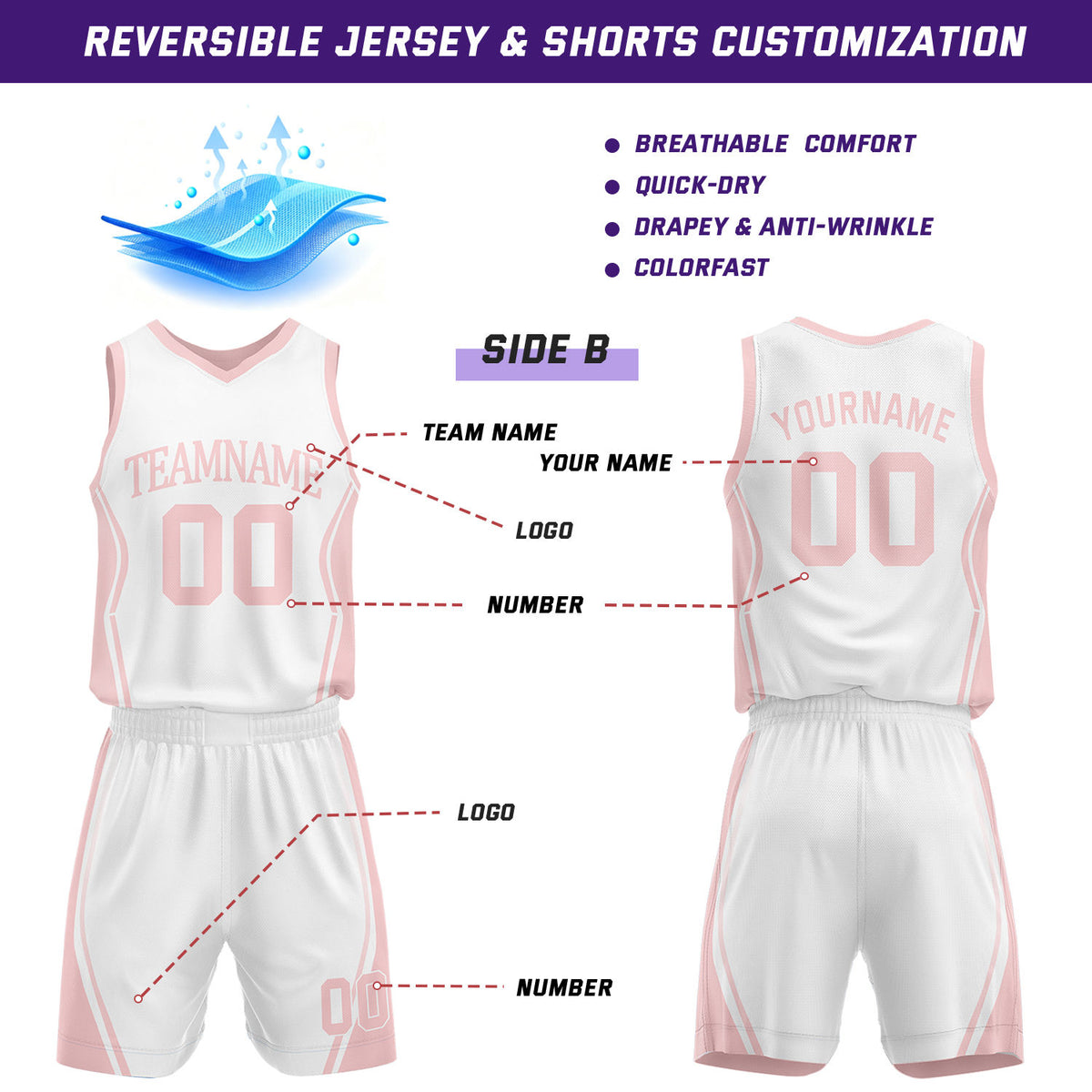 Custom Light Pink & White Reversible Geometric Basketball Jersey Shorts Set | Personalized Team Uniform