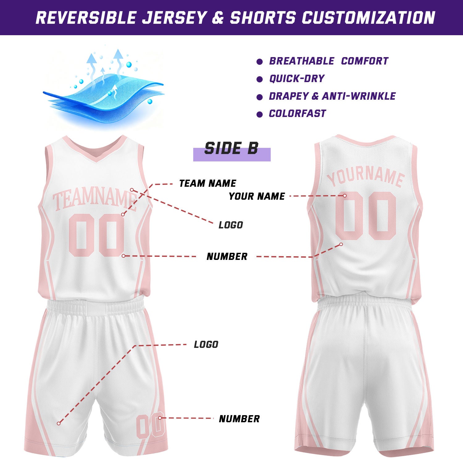 Custom Light Pink & White Reversible Geometric Basketball Jersey Shorts Set | Personalized Team Uniform