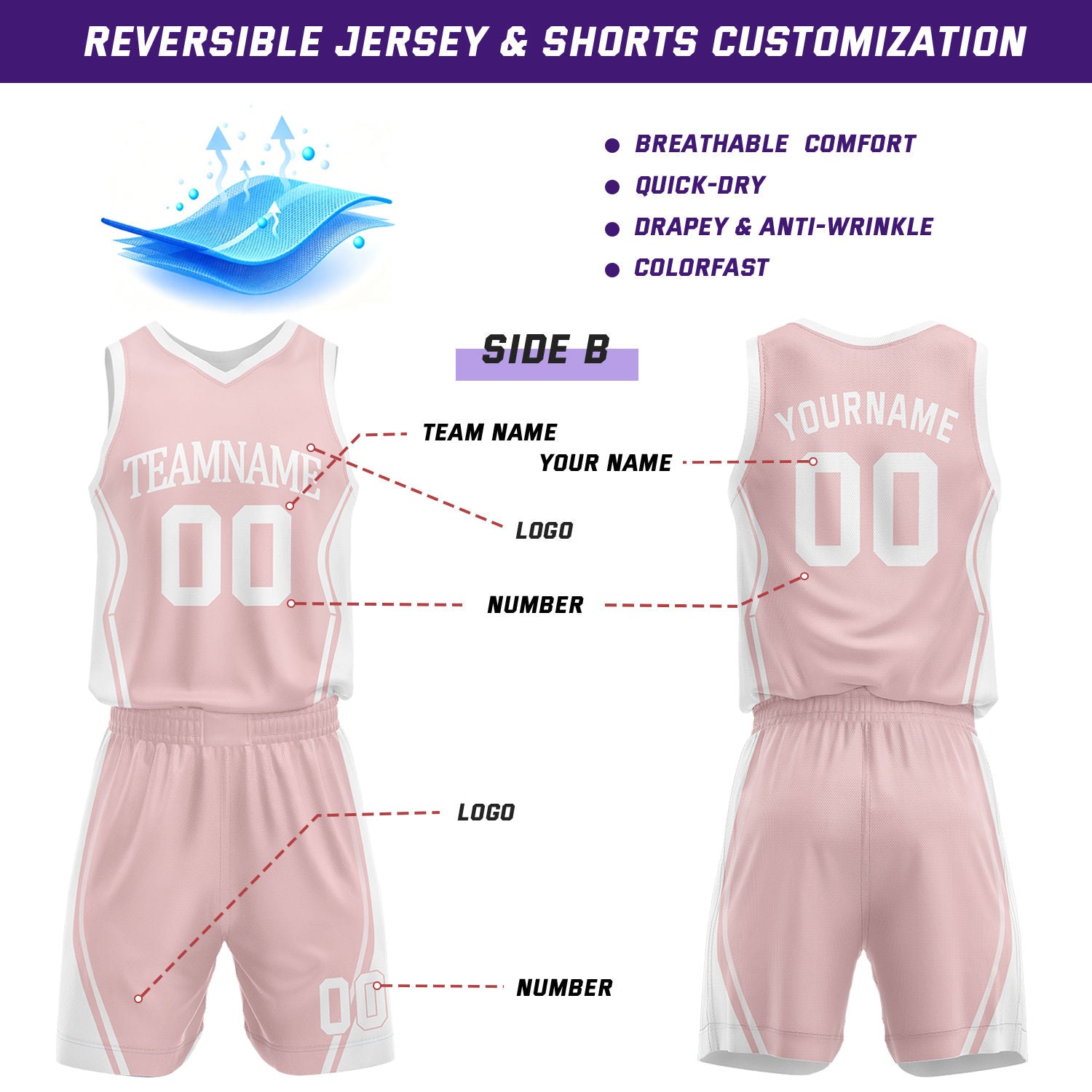 Custom Light Pink & White Reversible Geometric Basketball Jersey Shorts Set | Personalized Team Uniform