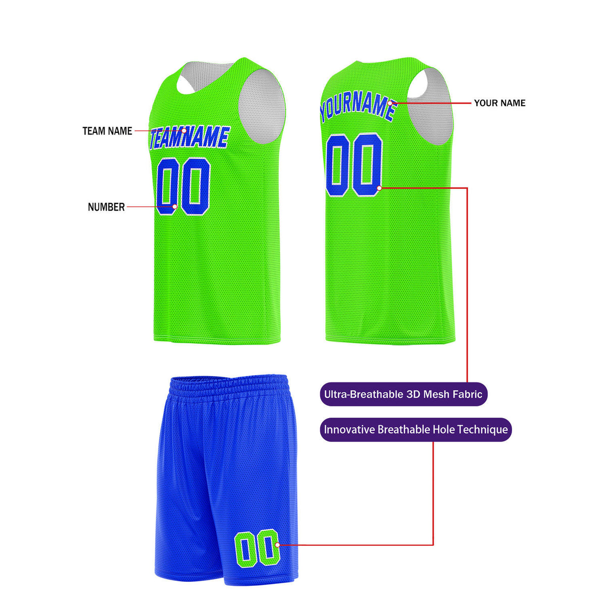 Custom Lime Green & Royal Blue Basketball Jersey + Shorts Set - Personalized Team Name, Number | Vosoli