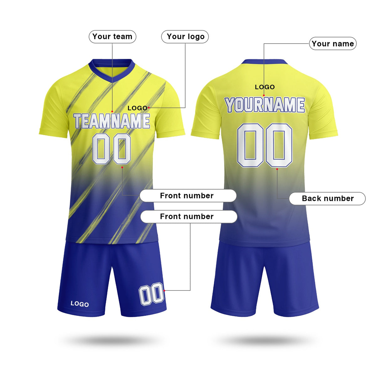 Custom Lime Yellow & Royal Blue Gradient Soccer Jersey Set | Personalized Team Uniform | Vosoli