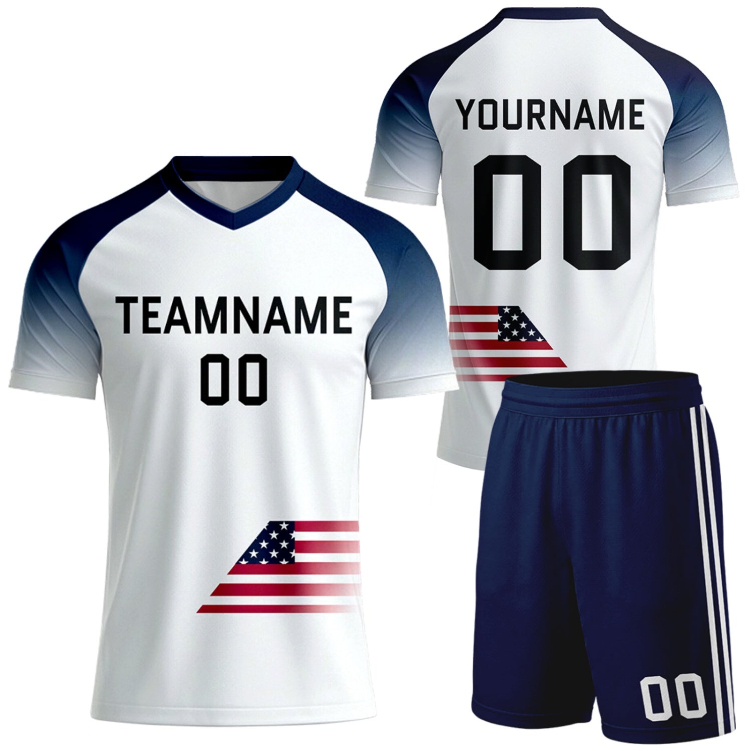 custom made soccer uniforms by Vosoli, white navy gradient flag design, personalized team name, player name & number, breathable short sleeve V-neck soccer jersey with shorts for team soccer games