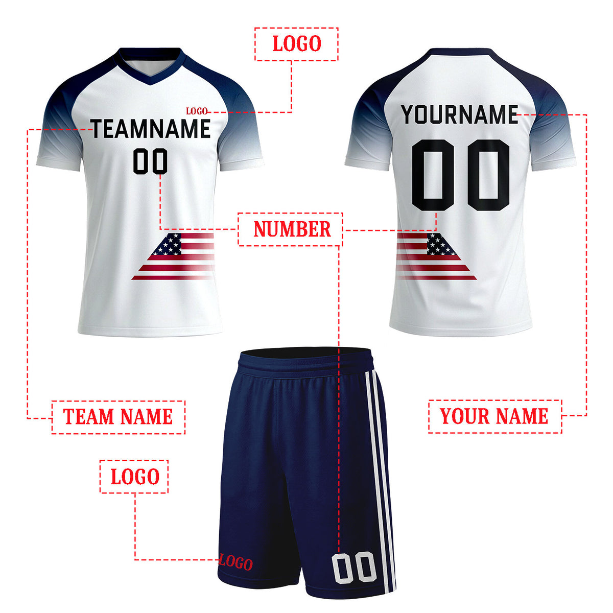 Custom White & Navy Gradient Flag Soccer Uniform Set for Youth & Adult Teams