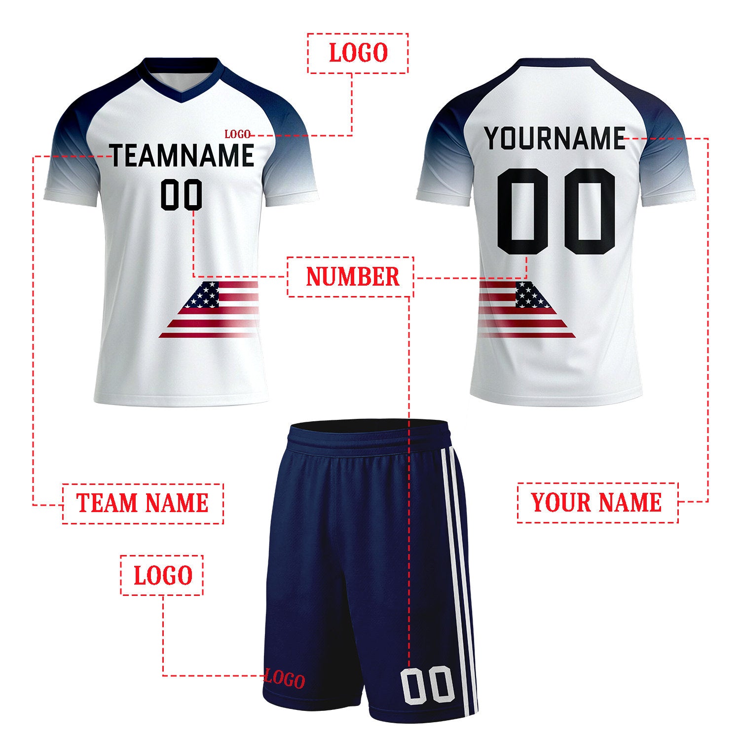 Custom White & Navy Gradient Flag Soccer Uniform Set for Youth & Adult Teams
