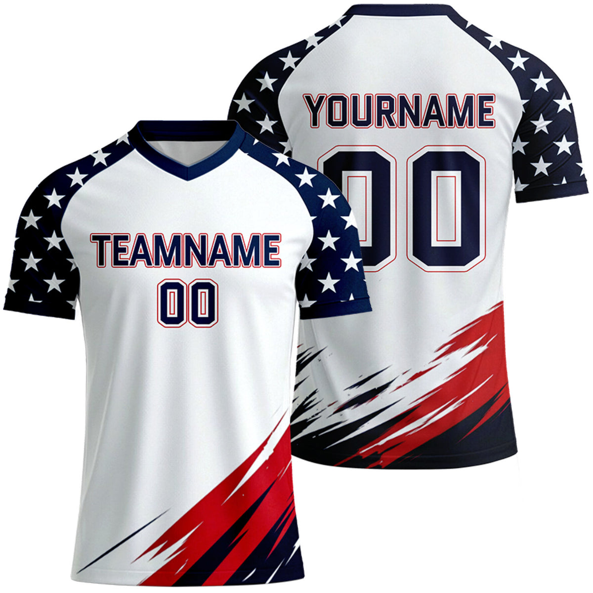 custom made white navy star soccer jerseys by Vosoli, personalized team name, player name &amp; number, breathable short sleeve V-neck soccer uniform for team matches