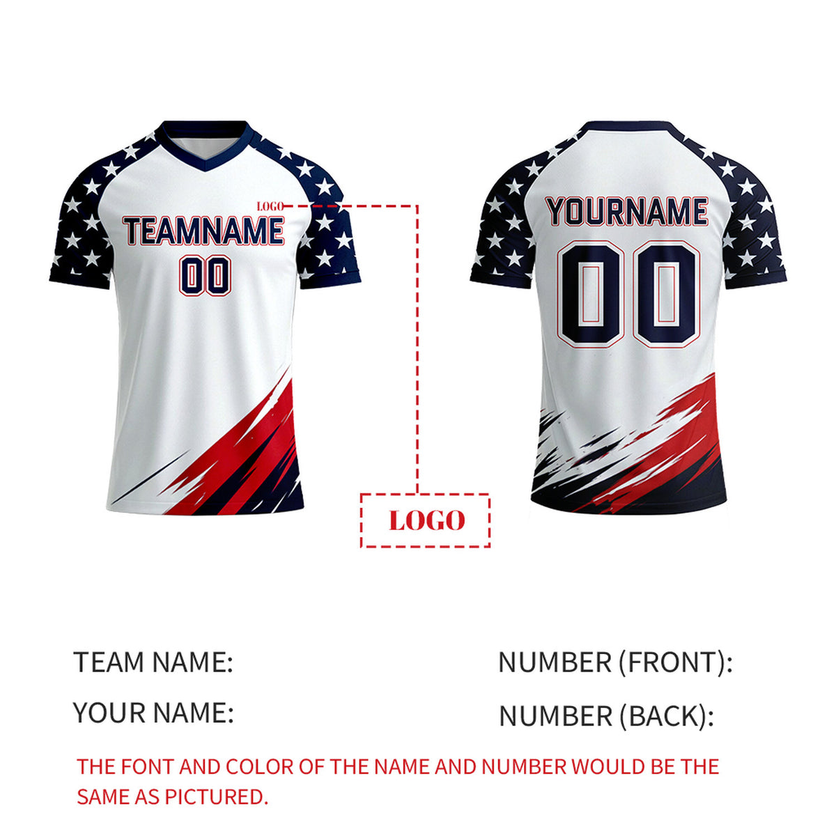 Custom White & Navy Star Pattern Soccer Jersey | Personalized Short Sleeve V-Neck Jersey for Youth & Adult