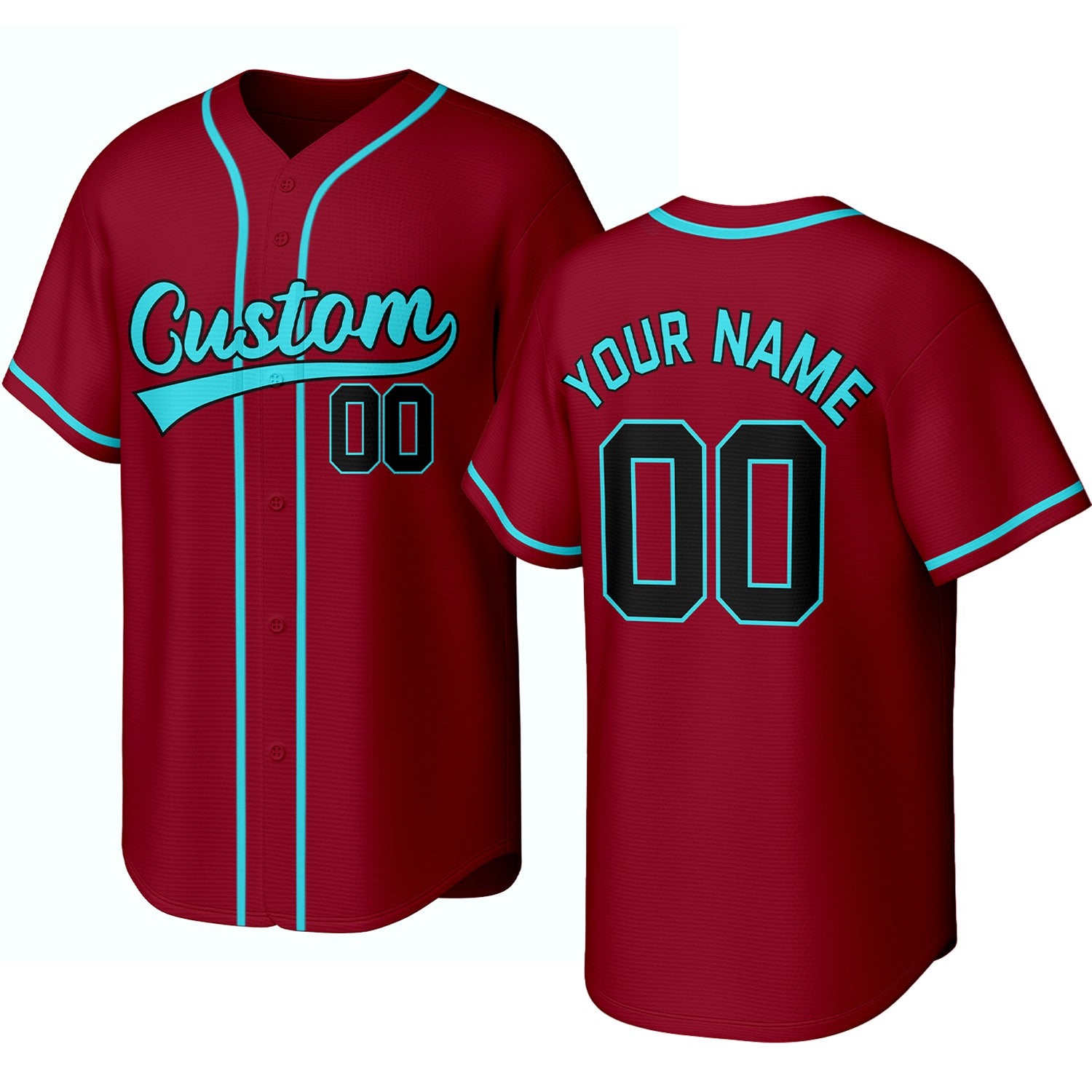 Custom maroon, black & aqua baseball jersey with logo, personalized name & number, button-front short-sleeve sports uniform for team men women youth game practice - Vosoli