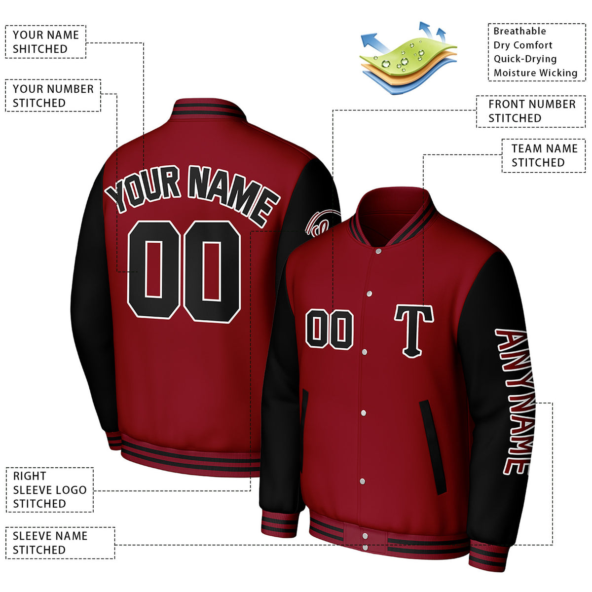 Custom Maroon & Black Varsity Baseball Jacket | Personalized Letterman Baseball Bomber for Adult & Youth