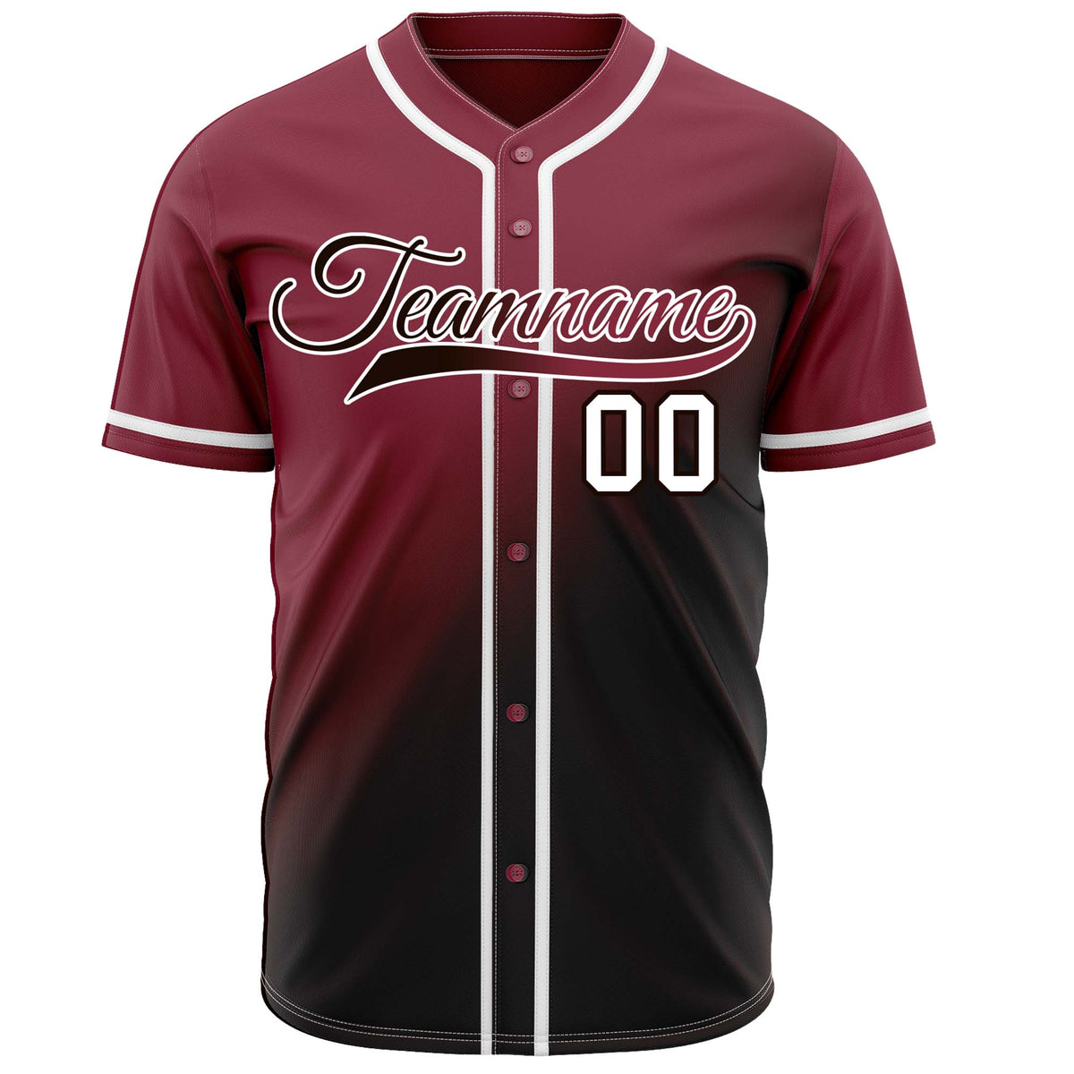 Custom maroon to black gradient baseball jersey, button-front style with white trim, suitable for team sports and casual wear - Vosoli