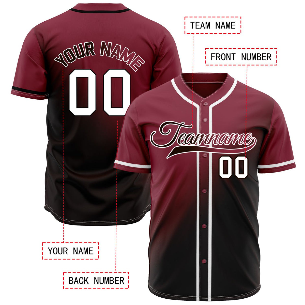 Custom Maroon and Black Gradient Baseball Jersey - Personalized Team Sports Uniform