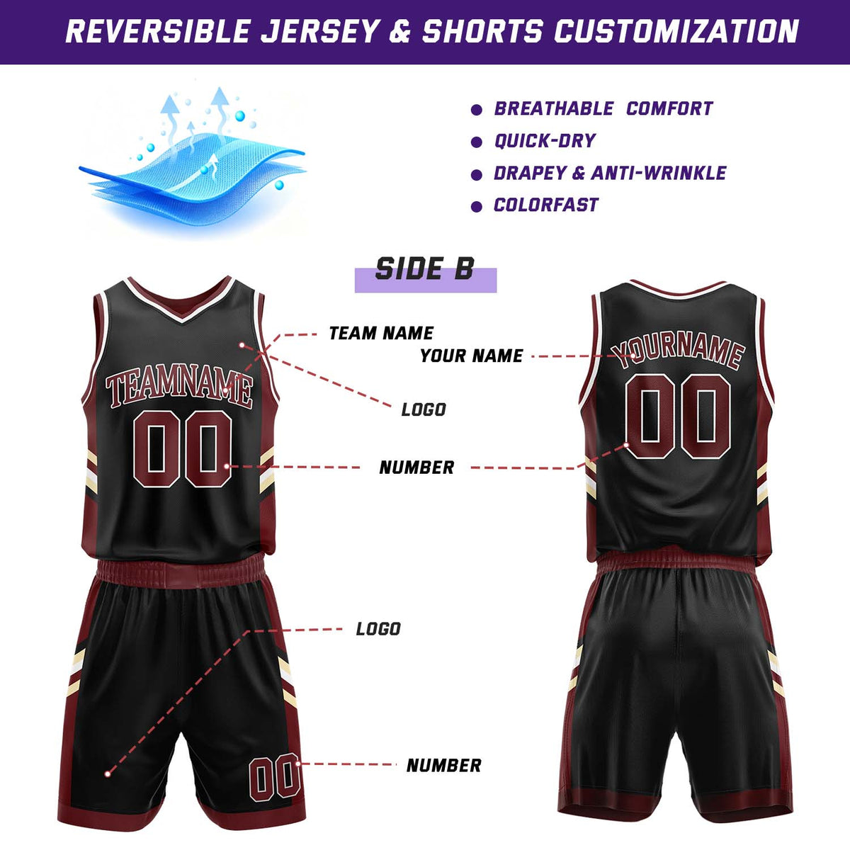Custom Maroon & Black Reversible Basketball Jersey Shorts Set | Personalized Team Uniform
