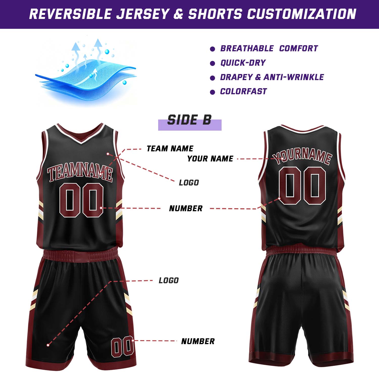 Custom Maroon & Black Reversible Basketball Jersey Shorts Set | Personalized Team Uniform