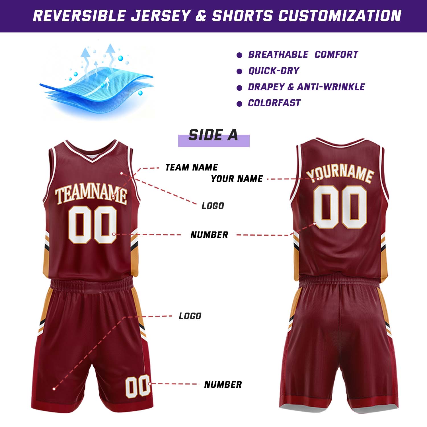 Custom Maroon & Black Reversible Basketball Jersey Shorts Set | Personalized Team Uniform