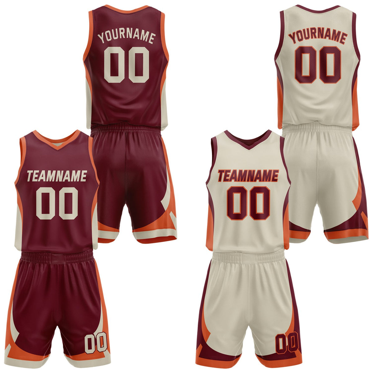 Custom maroon &amp; cream reversible basketball jersey set with shorts by Vosoli | Personalized team name, number &amp; logo | Breathable mesh sport jersey uniform
