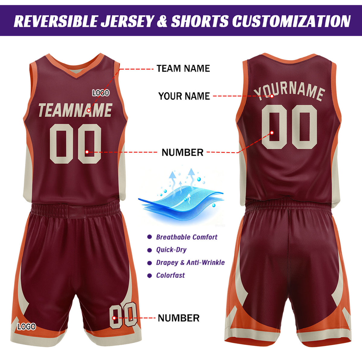Custom Maroon Cream Reversible Basketball Jersey Set | Personalized Name Number Mesh Sports Uniform