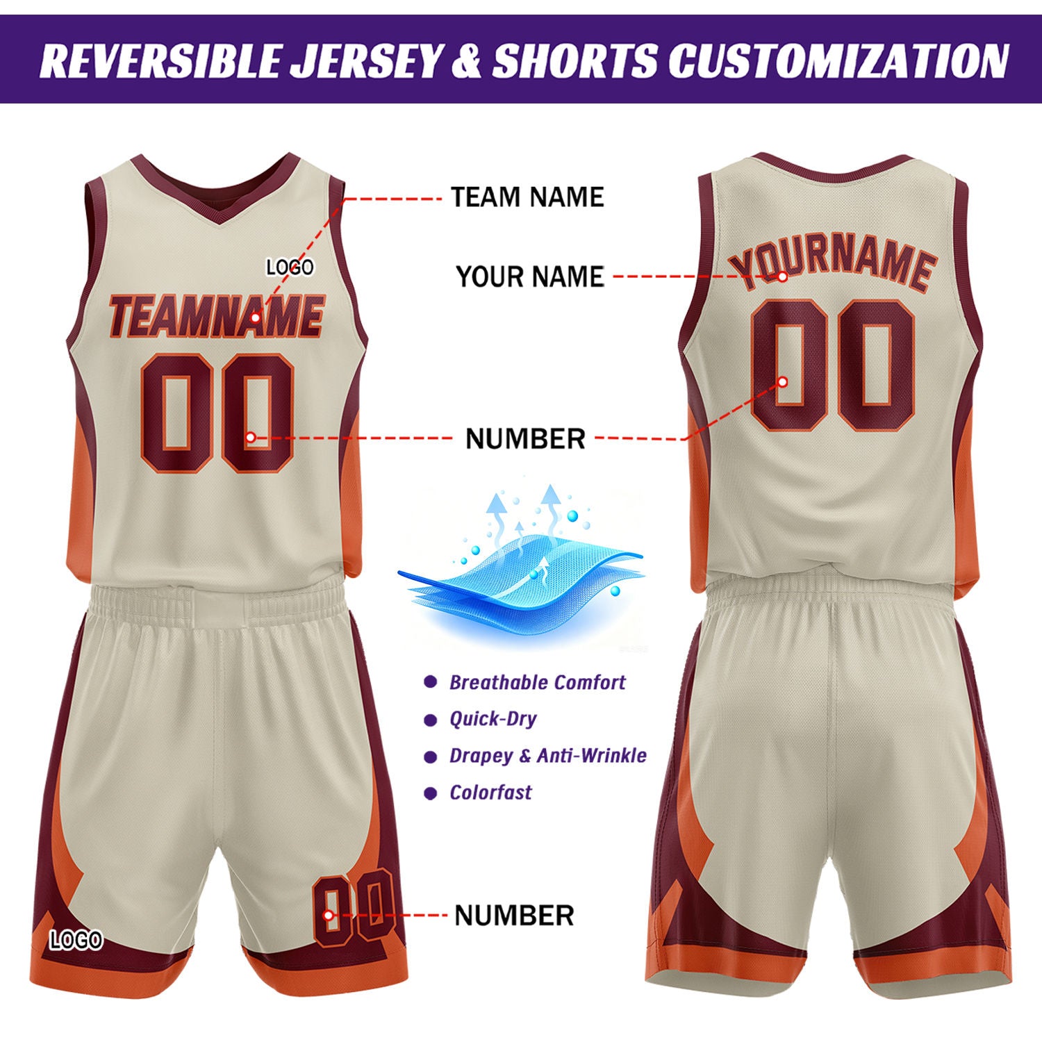Custom Maroon Cream Reversible Basketball Jersey Set | Personalized Name Number Mesh Sports Uniform