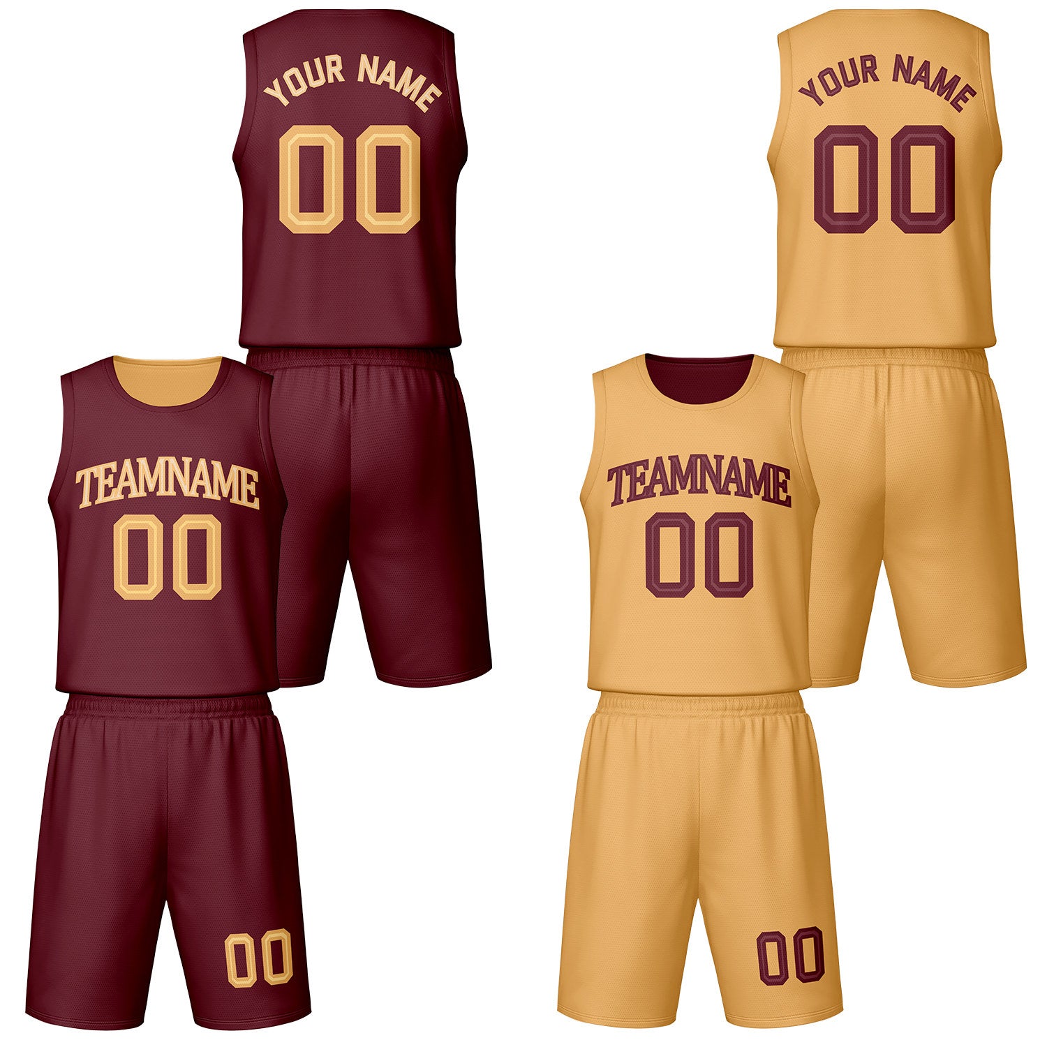 Custom maroon & gold reversible basketball jersey shorts set by Vosoli | Personalized team name number vintage uniform sportswear