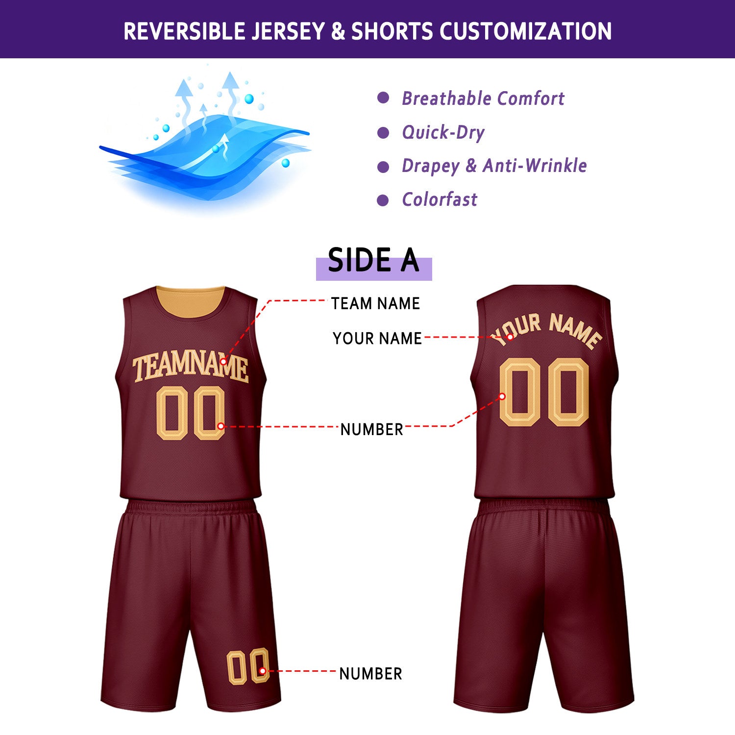Custom Maroon & Gold Reversible Basketball Jersey Shorts Set | Personalized Team Uniform