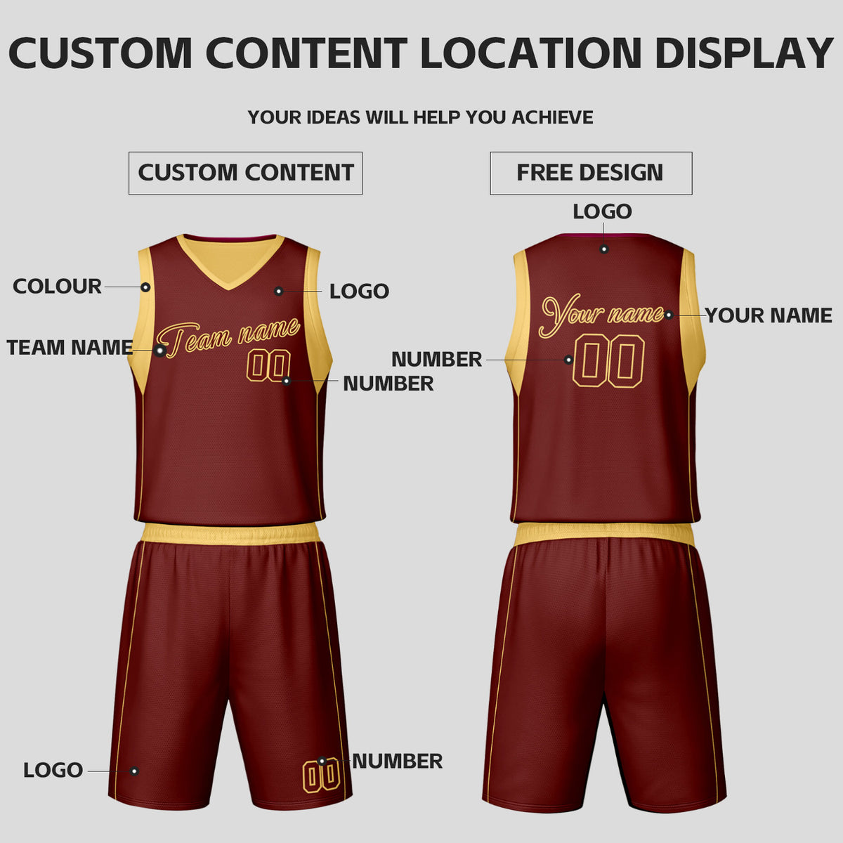 Custom Maroon & Gold Reversible Basketball Jersey Shorts Set | Personalized Team Uniform