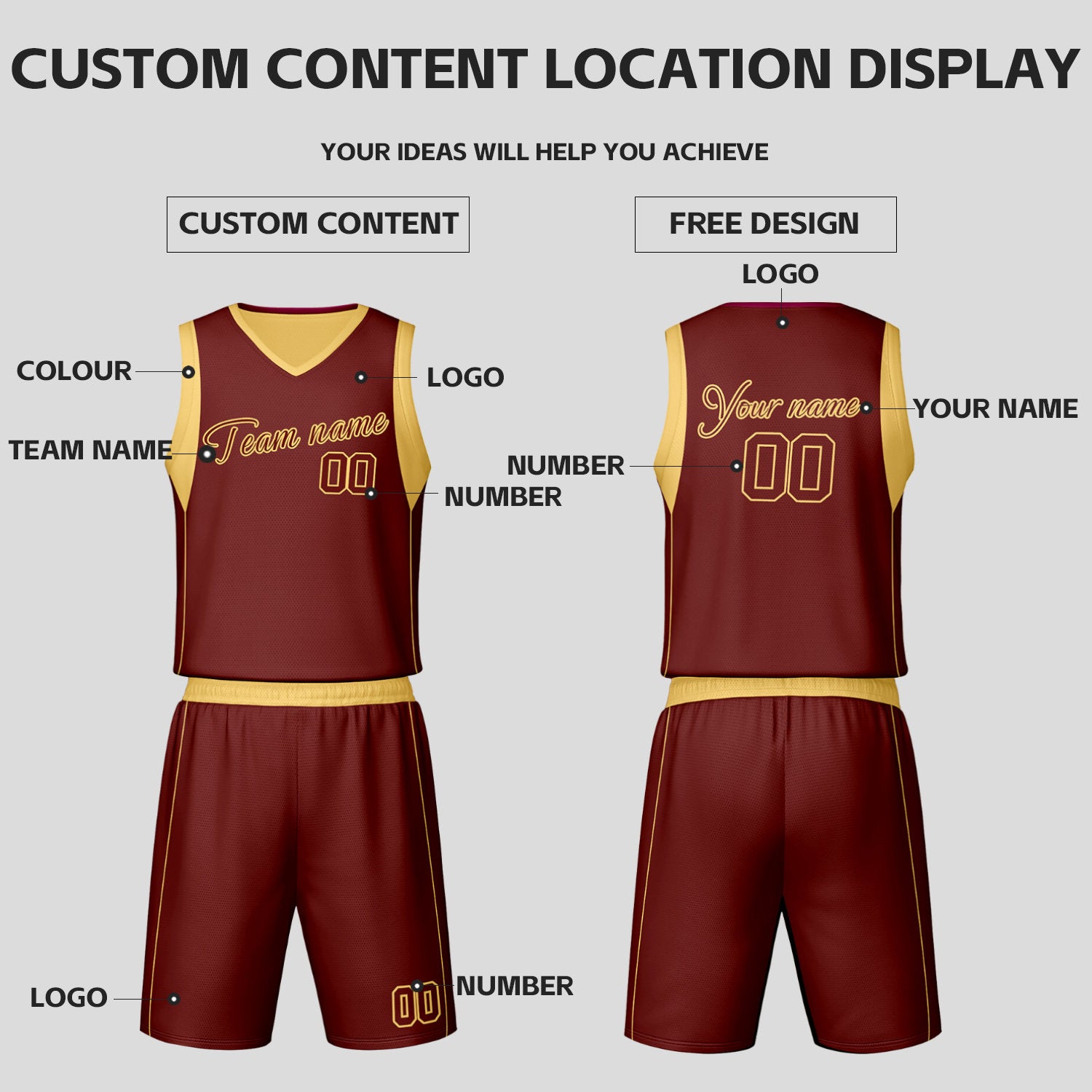 Custom Maroon & Gold Reversible Basketball Jersey Shorts Set | Personalized Team Uniform