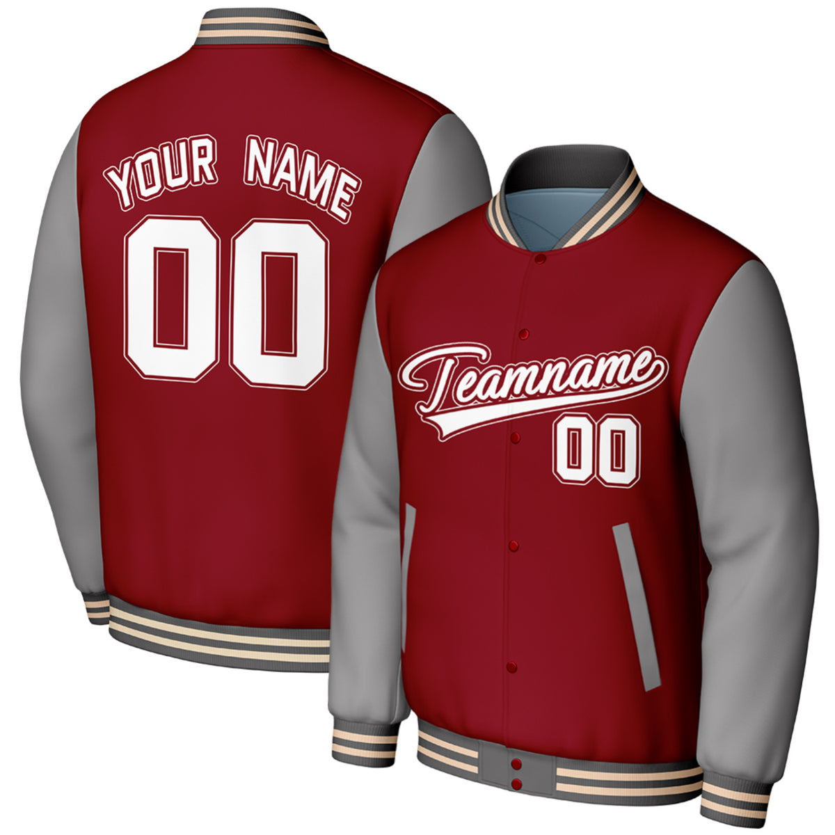 custom maroon gray team jackets by Vosoli, personalized stitched name, number &amp; logo, classic button up varsity letterman jacket for teams and casual wear