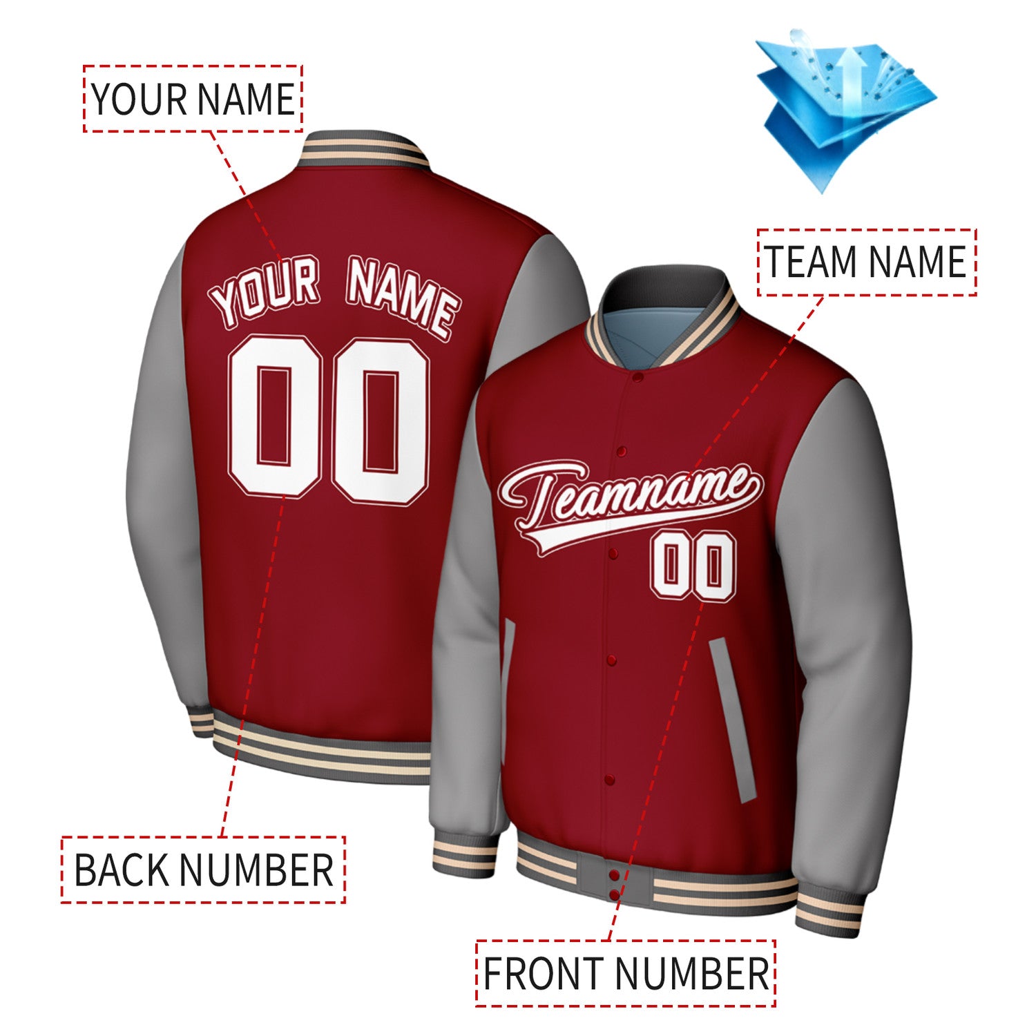 Custom Maroon & Gray Varsity Baseball Jacket | Personalized Jacket with Stitched Name & Number for Adult & Youth