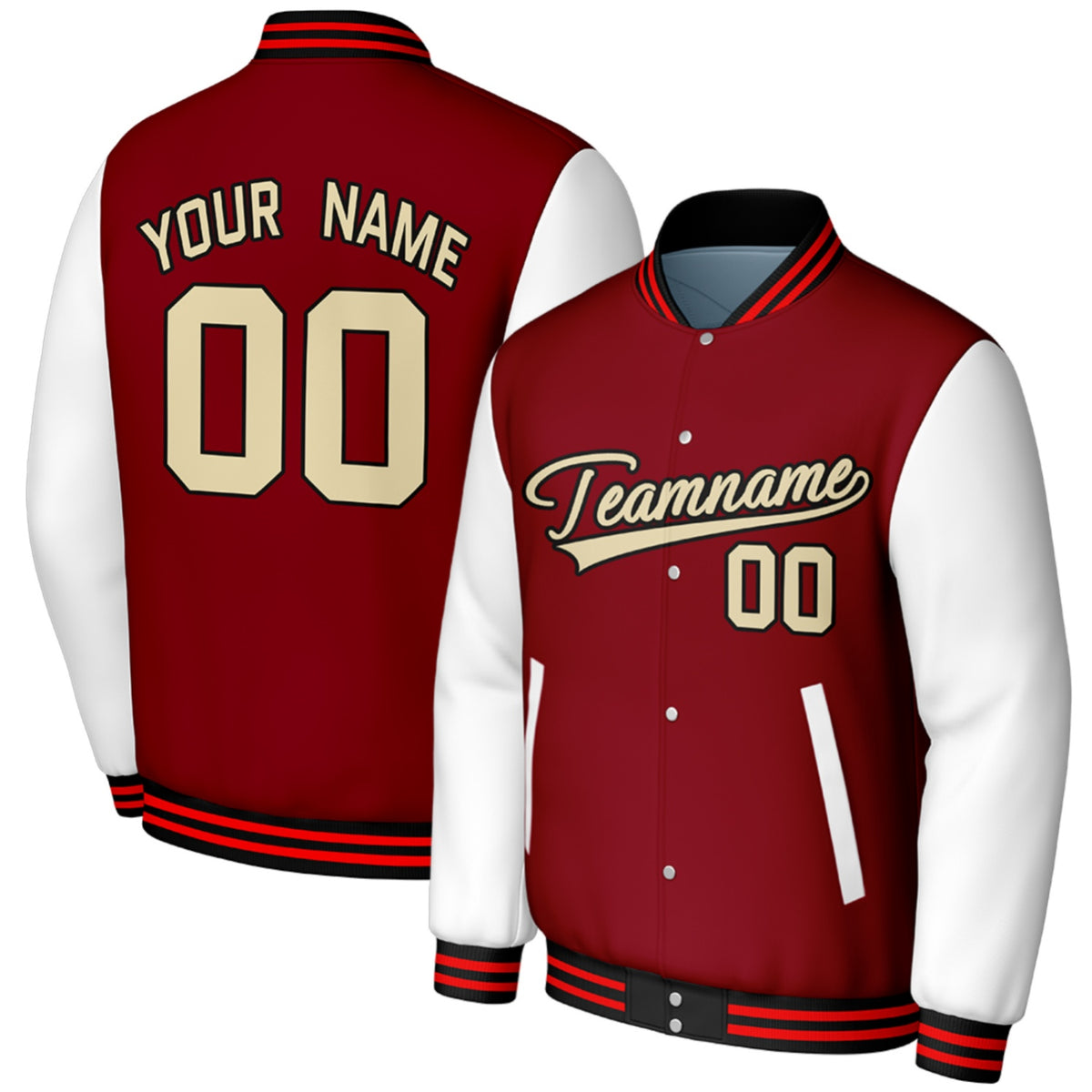 custom maroon white custom team baseball jackets by Vosoli, personalized stitched name, number &amp; logo, classic button up varsity letterman jacket for baseball teams and casual wear