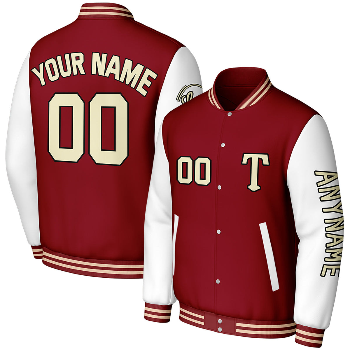 custom maroon white travel baseball jackets by Vosoli, personalized stitched name, number &amp; logo, classic button up varsity letterman jacket for baseball travel team and casual wear