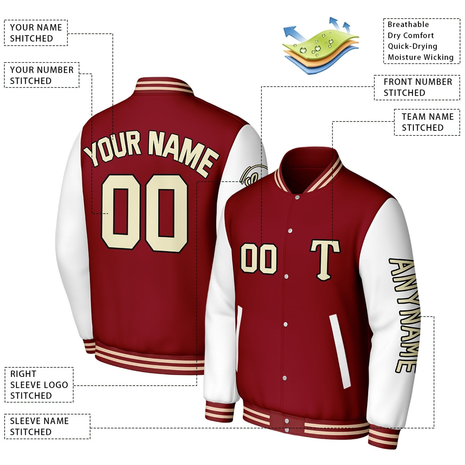 Custom Maroon & White Varsity Baseball Jacket | Personalized Letterman Baseball Bomber for Adult & Youth